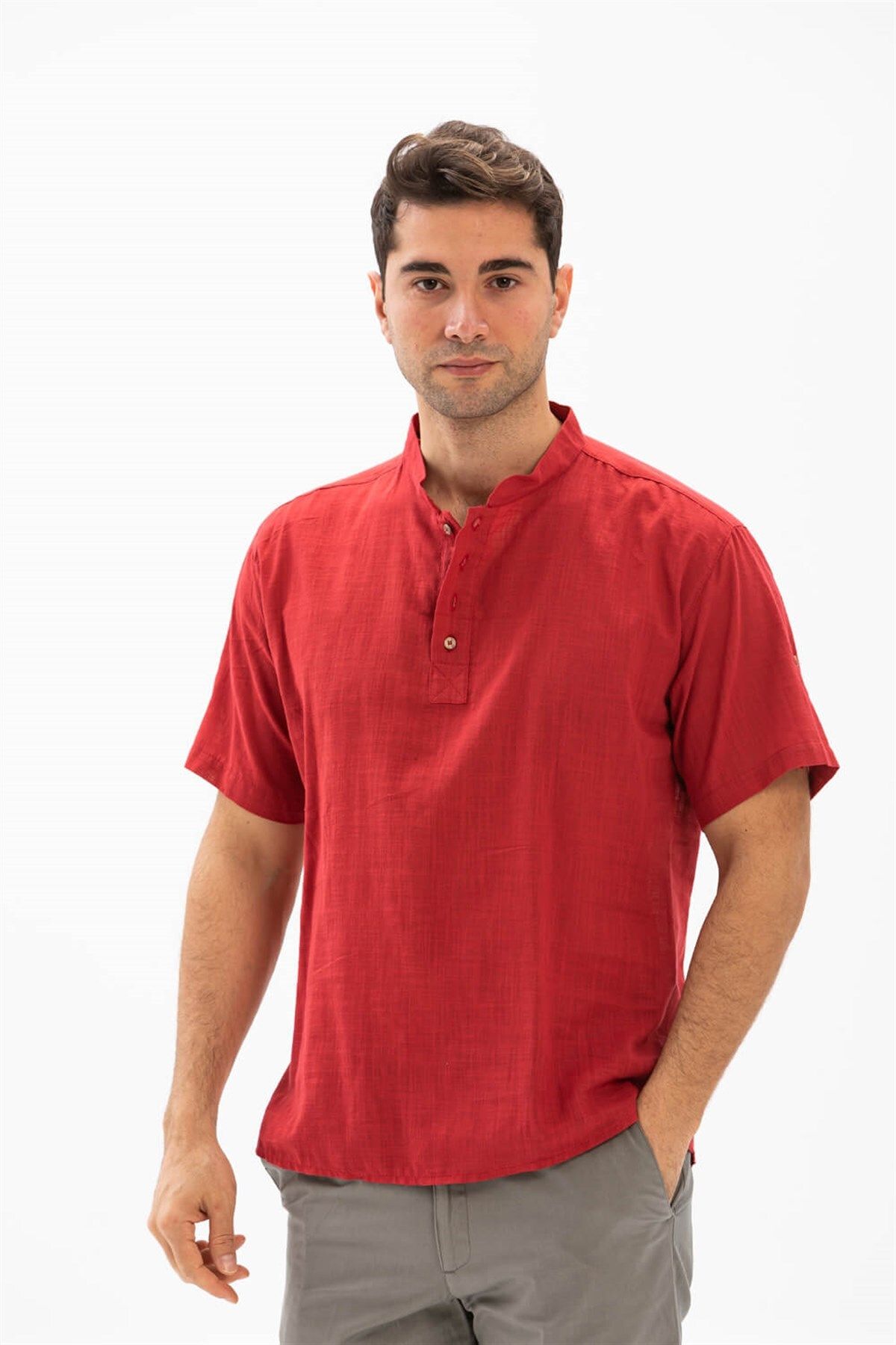 Eliş Şile Bezi Kısa Kol Şile Bezi Bodrum Erkek T-shirt Kırmızı 3051