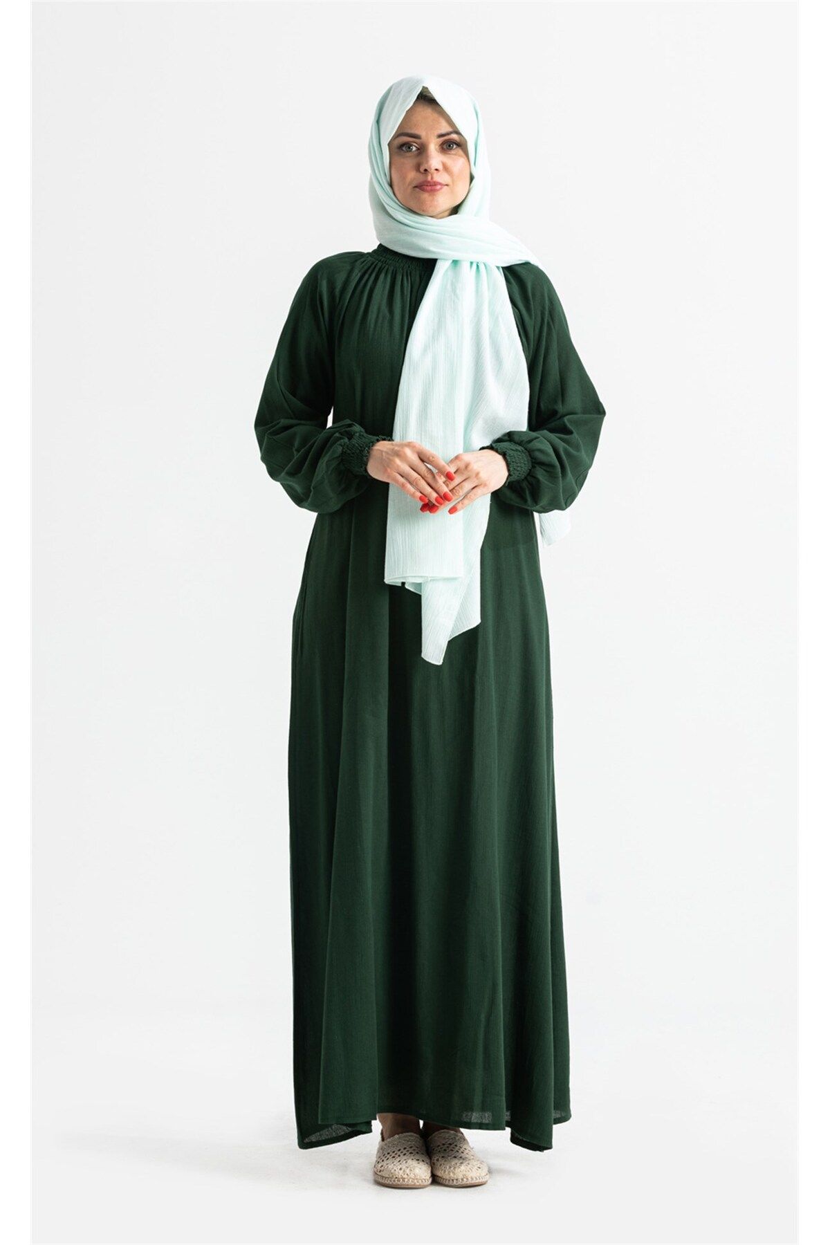 Eliş Şile Bezi Kadın Şile Bezi Pamuk Namaz Elbisesi Tek Parça Kolay Boydan Giyilen Kolu Ve Yakası Lastikli Yeşil Ys