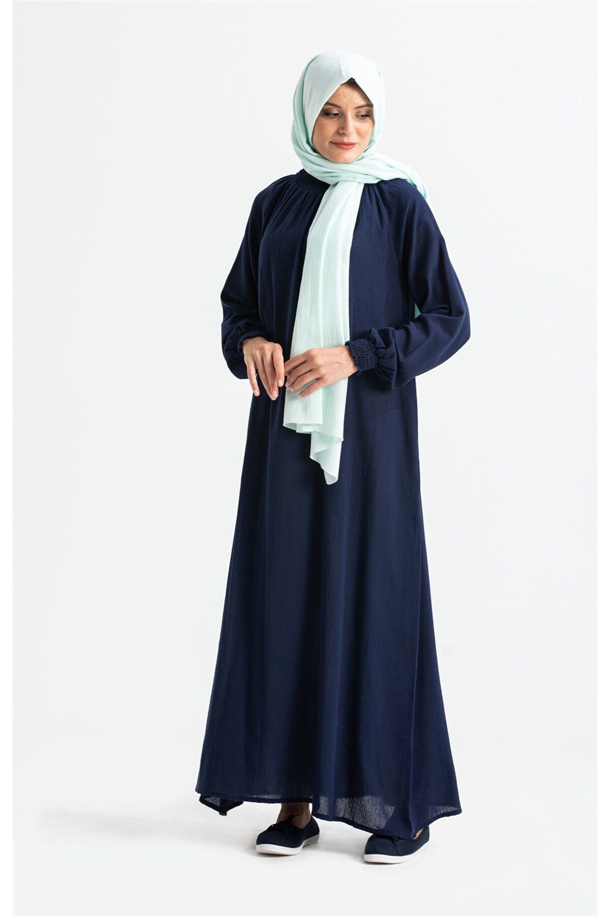 Eliş Şile Bezi Kadın Şile Bezi Pamuk Namaz Elbisesi Tek Parça Kolay Boydan Giyilen Kolu Ve Yakası Lastikli Lacivert