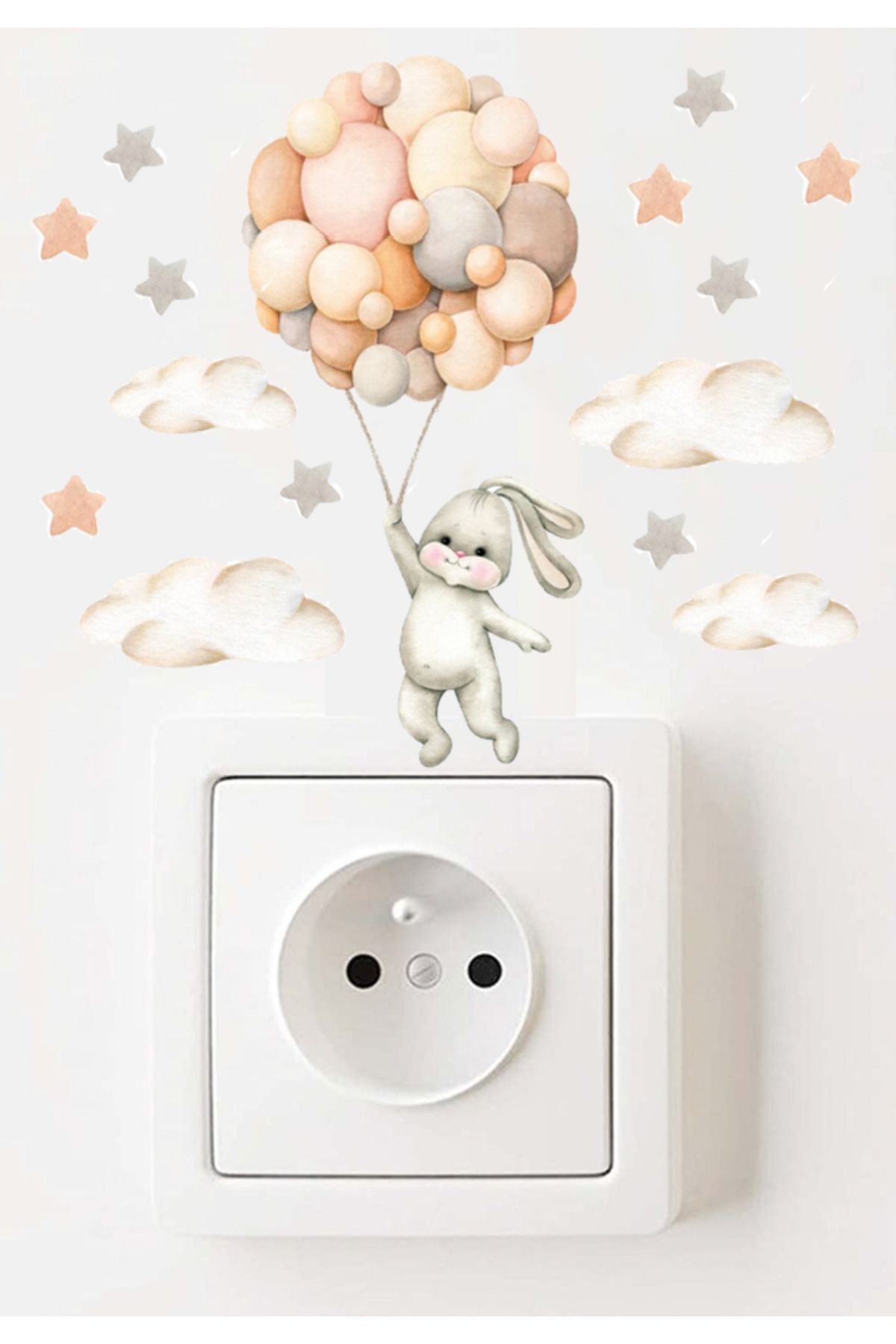 Sim Tasarım - Priz- Pastel Havabalonlu Tavşancık Çocuk Odası Dekoratif Priz Duvar Sticker