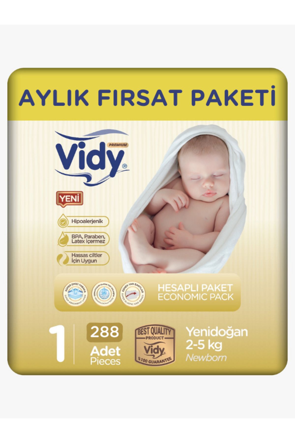 Vidy 1 Numara Bebek Bezi Yenidoğan Premium 288 Adet 72x4 Paket/2-5 Kg/sızdırmaz Emici Hipoalerjenik