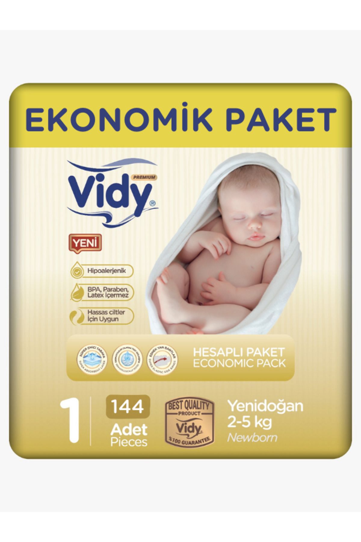 Vidy 1 Numara Bebek Bezi Yenidoğan Premium 144 Adet 72x2 Paket/2-5 Kg/sızdırmaz Emici Hipoalerjenik