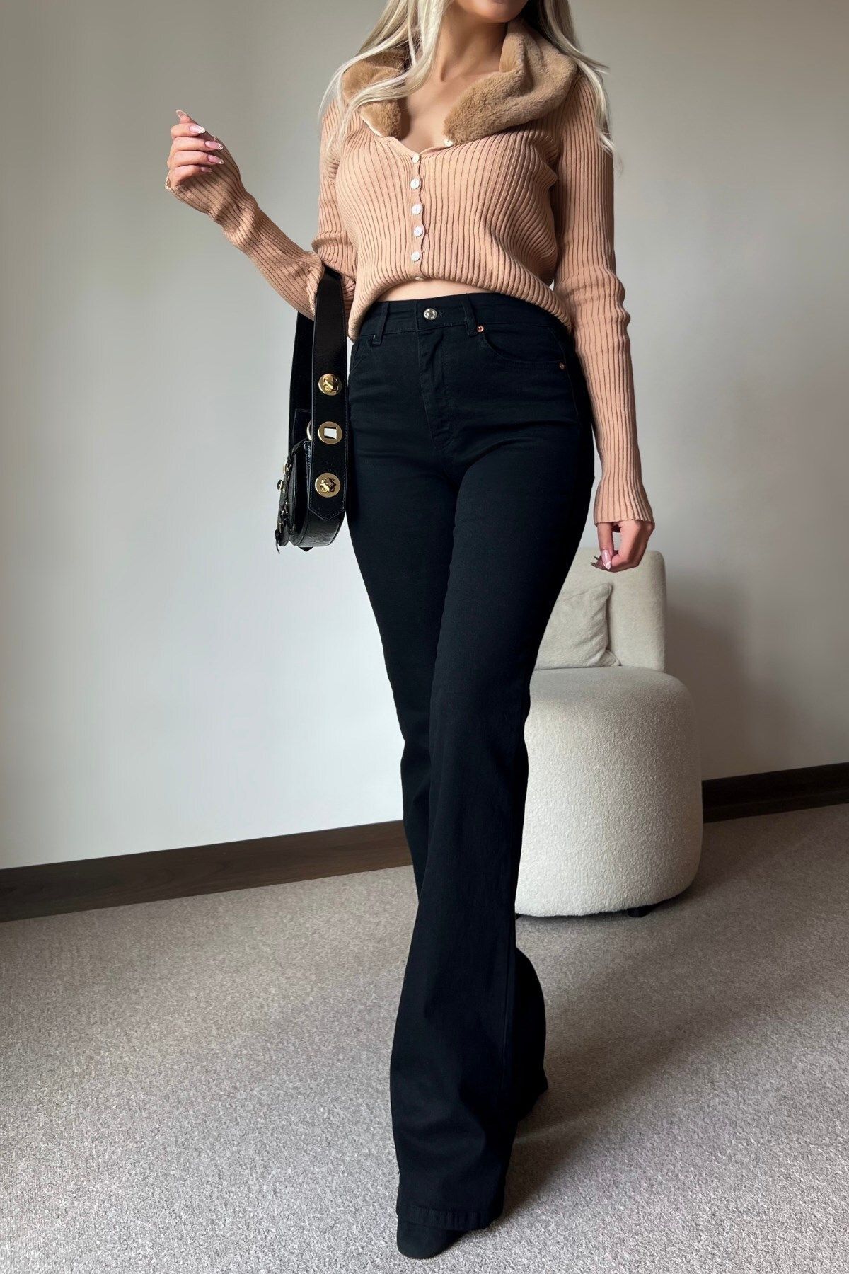 MAKRAS EXCLUSIVE Isabella Zero Max Yüksek Bel Esnek Siyah İspanyol Paça Jeans Pantolon(tam kalıp)