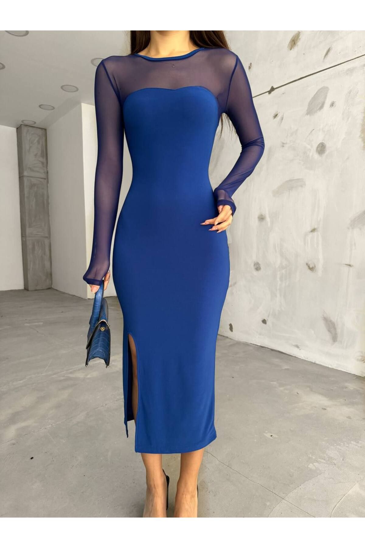 BİKELİFE Kadın Mavi Yırtmaç Detaylı Likralı Kalem Elbise
