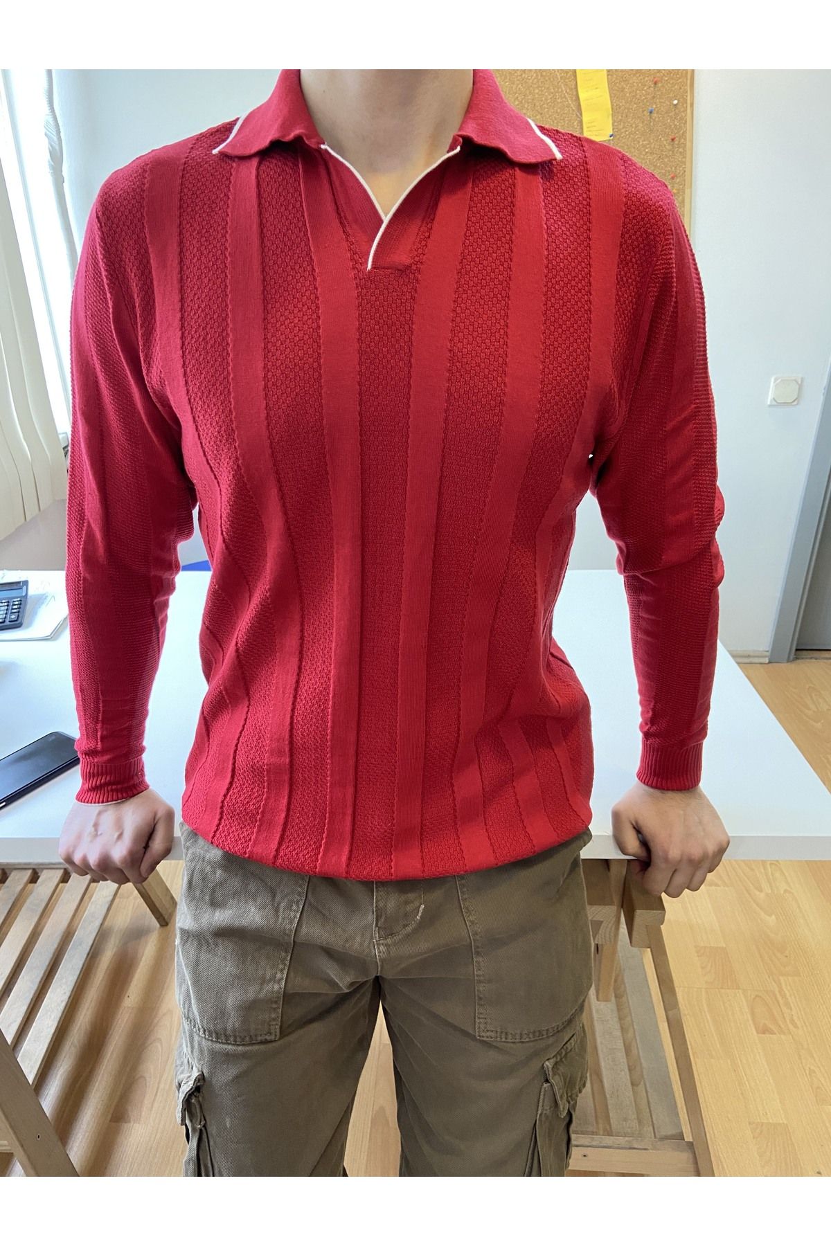 Tarz Cool Kırmızı Erkek Kalın Şeritli Polo Yaka Triko T-Shirt