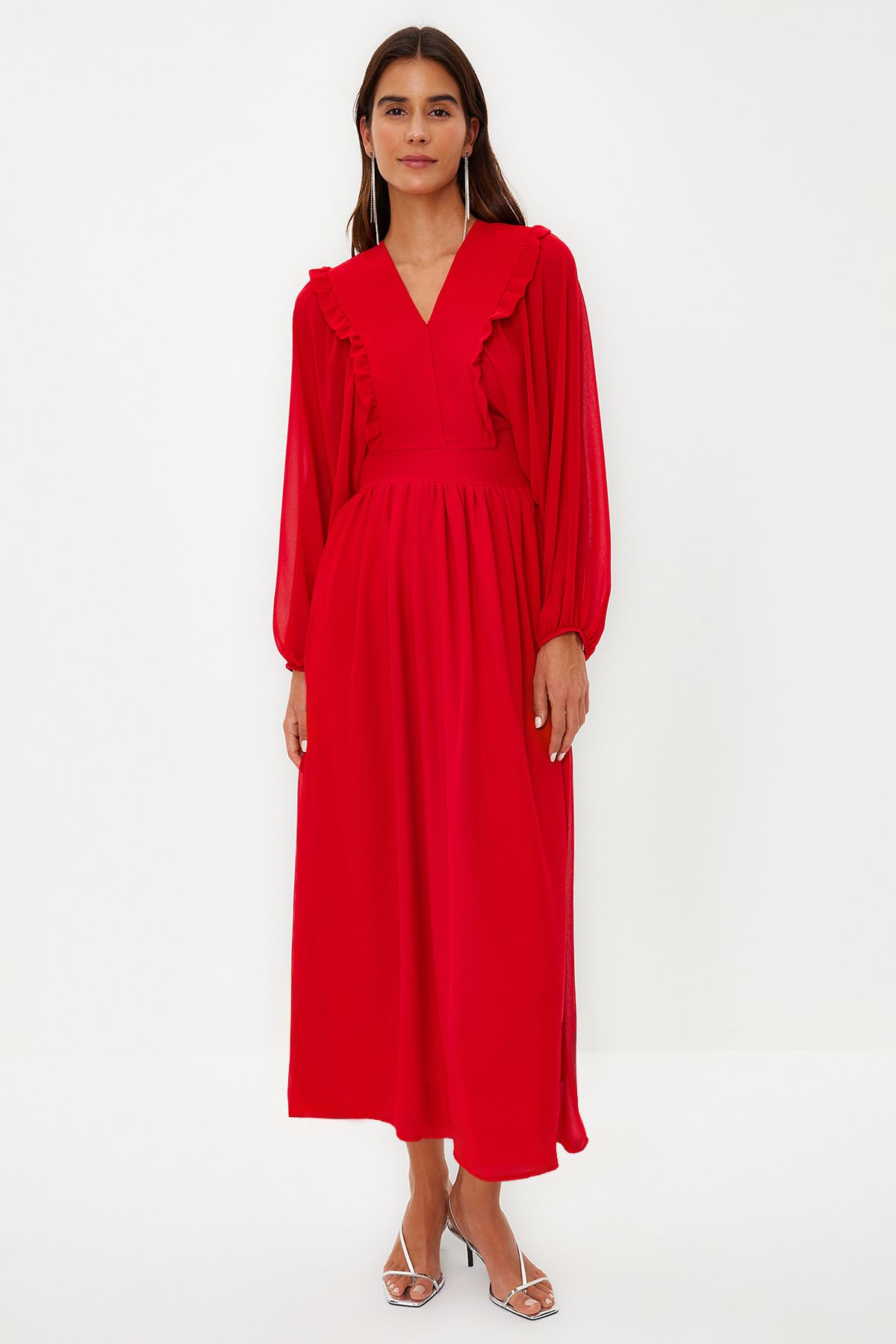 TRENDYOL MODEST Kırmızı Minimal Desenli Şifon Astarlı Dokuma Elbise TCTSS24EB00035