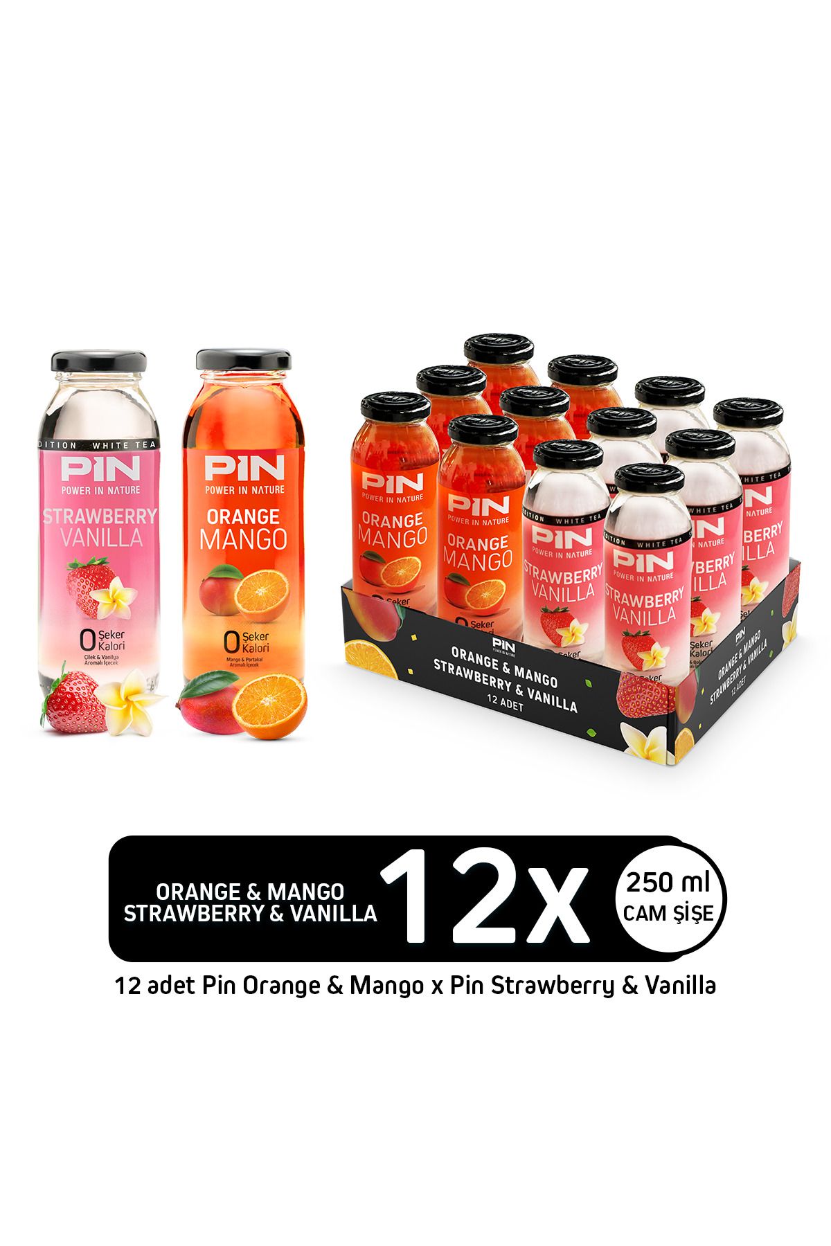 Pin Orange Mango & Strawberry Vanilla Beyaz Çaylı Özel Seri Sınırlı Sayıda Şekersiz 250 Mlx12 Adet