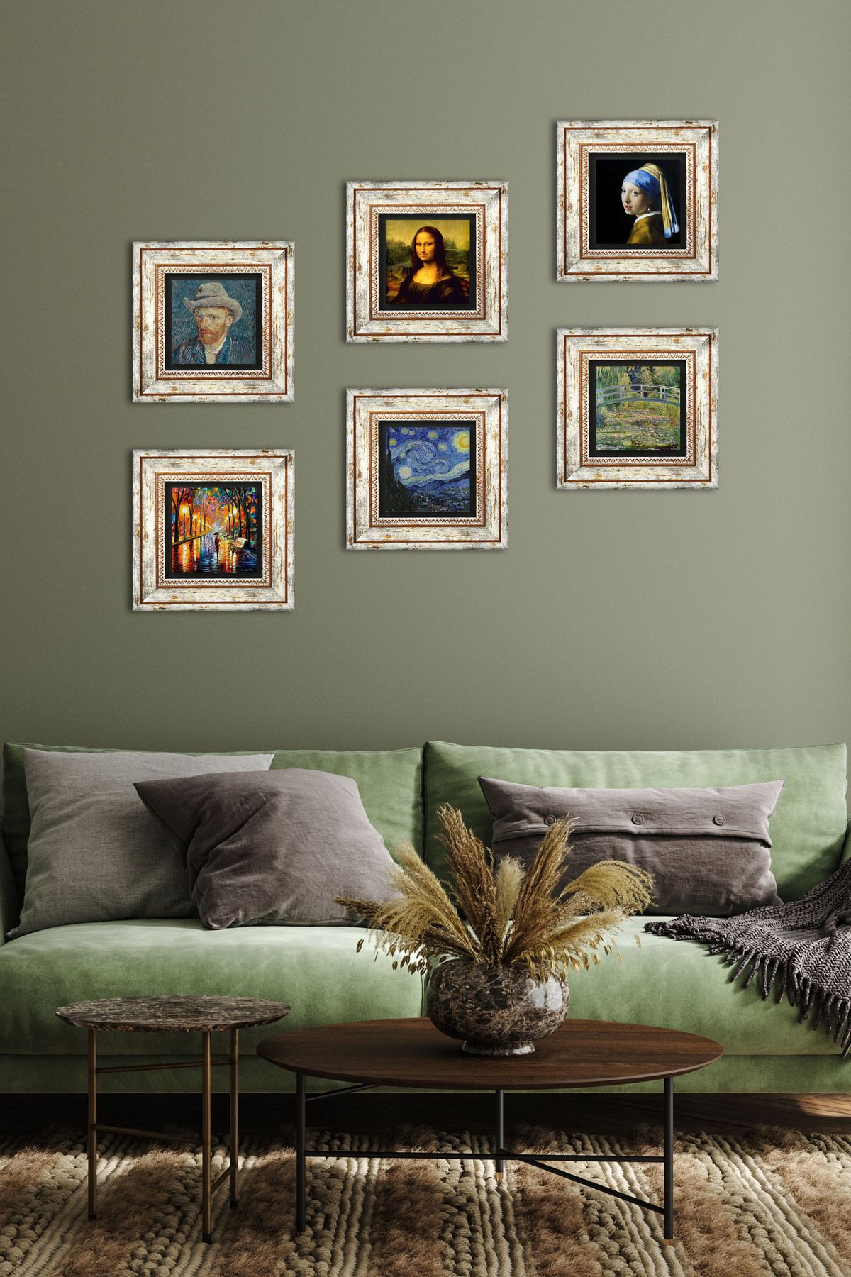 Pinecone Inci Küpeli Kız, Claude Monet, Da Vinci, Van Gogh, Fenerler Tablosu Taş Tablo Çerçeveli Duvar Dekoru