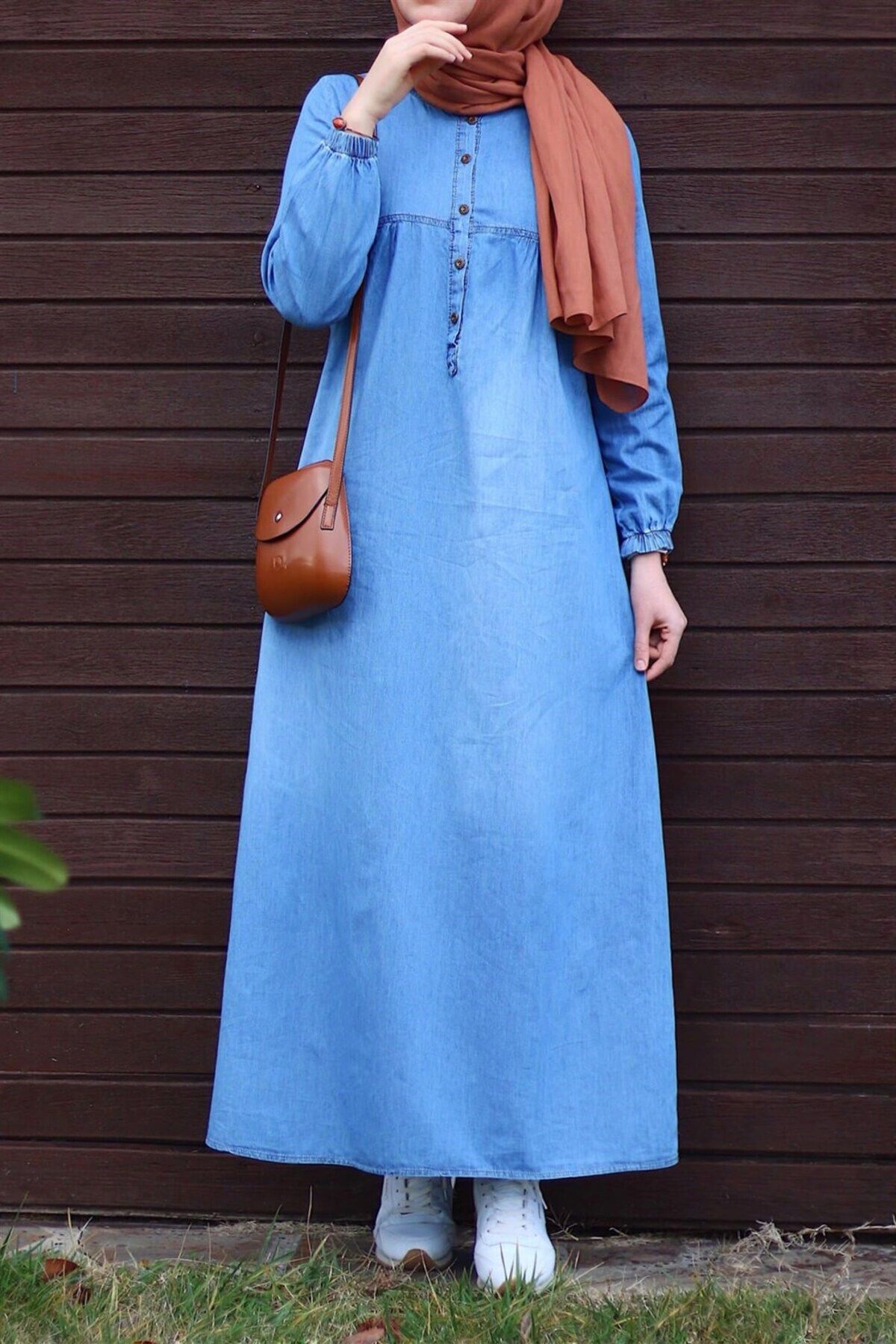 InStyle Kadın Mavi Robalı Patlı Kot Elbise