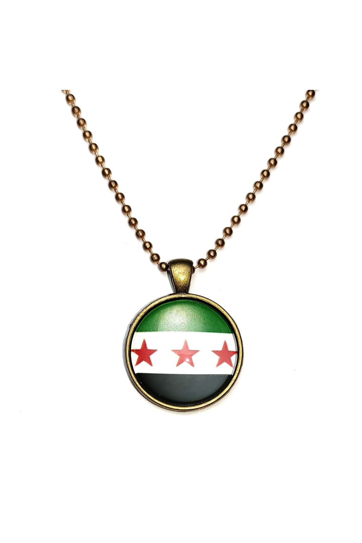 Market66 3 Yıldız Özgür Suriye Bayrağı Kolye Yeşil Beyaz Siyah Syria Bayrağı Camlı Bronz Renk Metal