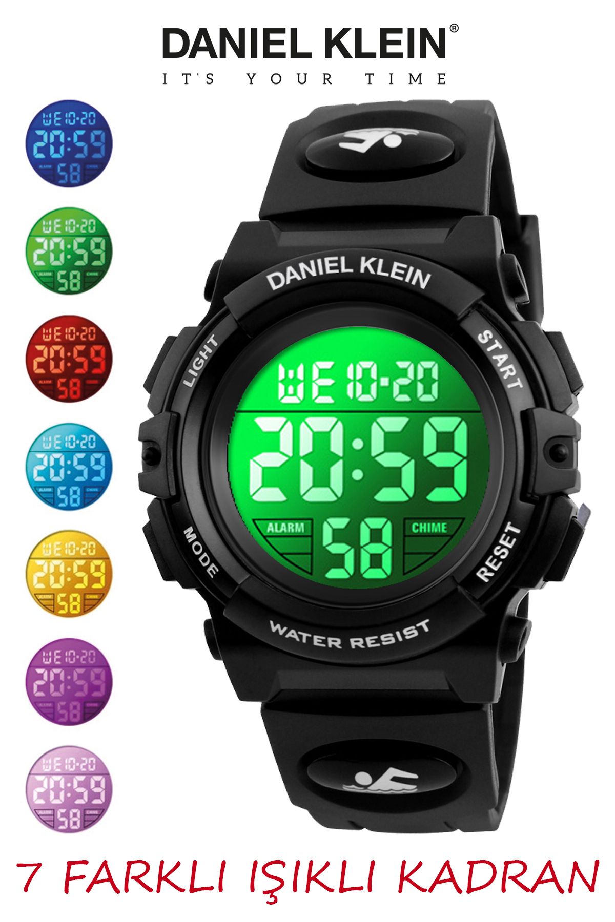Daniel Klein 8-12 Yaş için Alarm ve Kronometre Özellikli, 7 Farklı Işıklı Siyah Çocuk Kol Saati