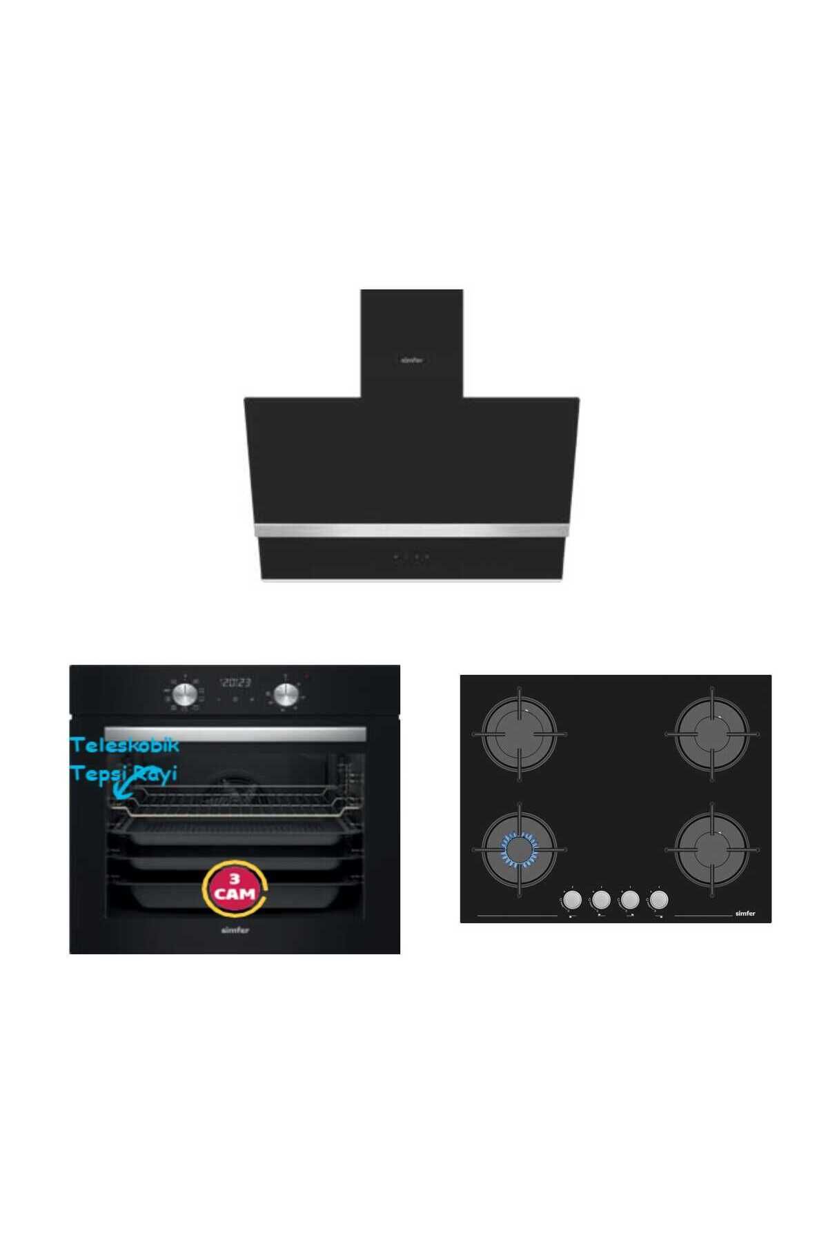 Simfer Air Fry Plus Siyah Ankastre Set ( 8211 Air Fry Plus Fırın + 3653 Ocak + 8738 Davlumbaz )