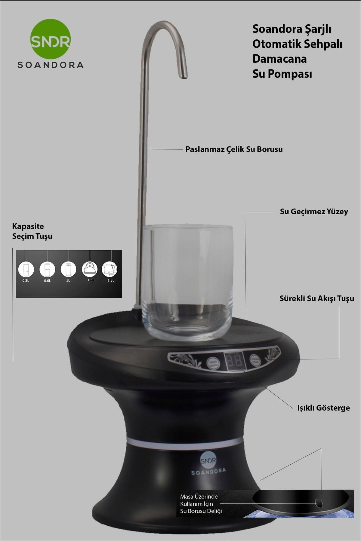 Soandora Elektrikli Şarjlı Otomatik Sehpalı Damacana Su Pompası Siyah