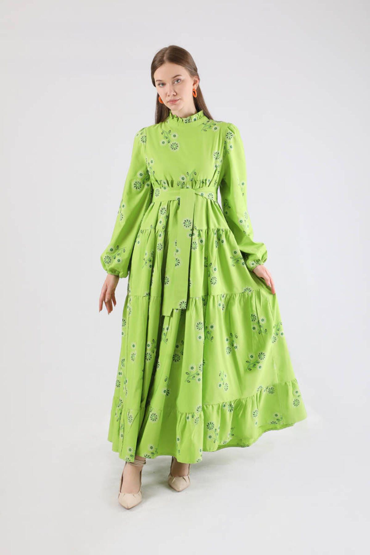 ZÜLAYS Büzgülü Desenli Poplin Elbise Fıstık Yeşili