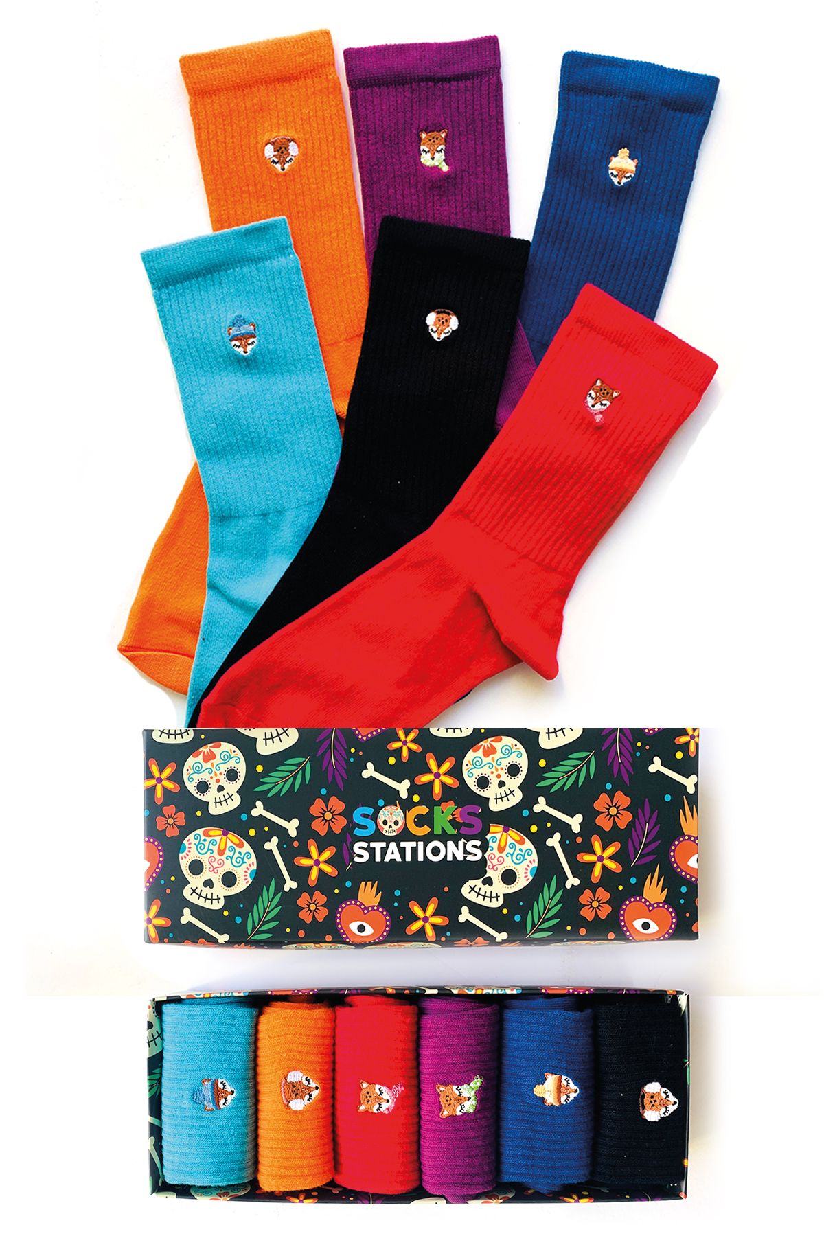 Socks Stations 6'lı Tilki Nakışlı Renkli Desenli Çorap Kutusu