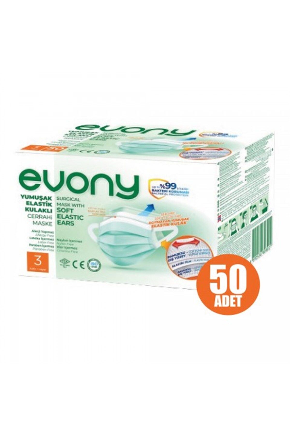 Evony Yumuşak Elastik Kulaklı Cerrahi Maske 50'li