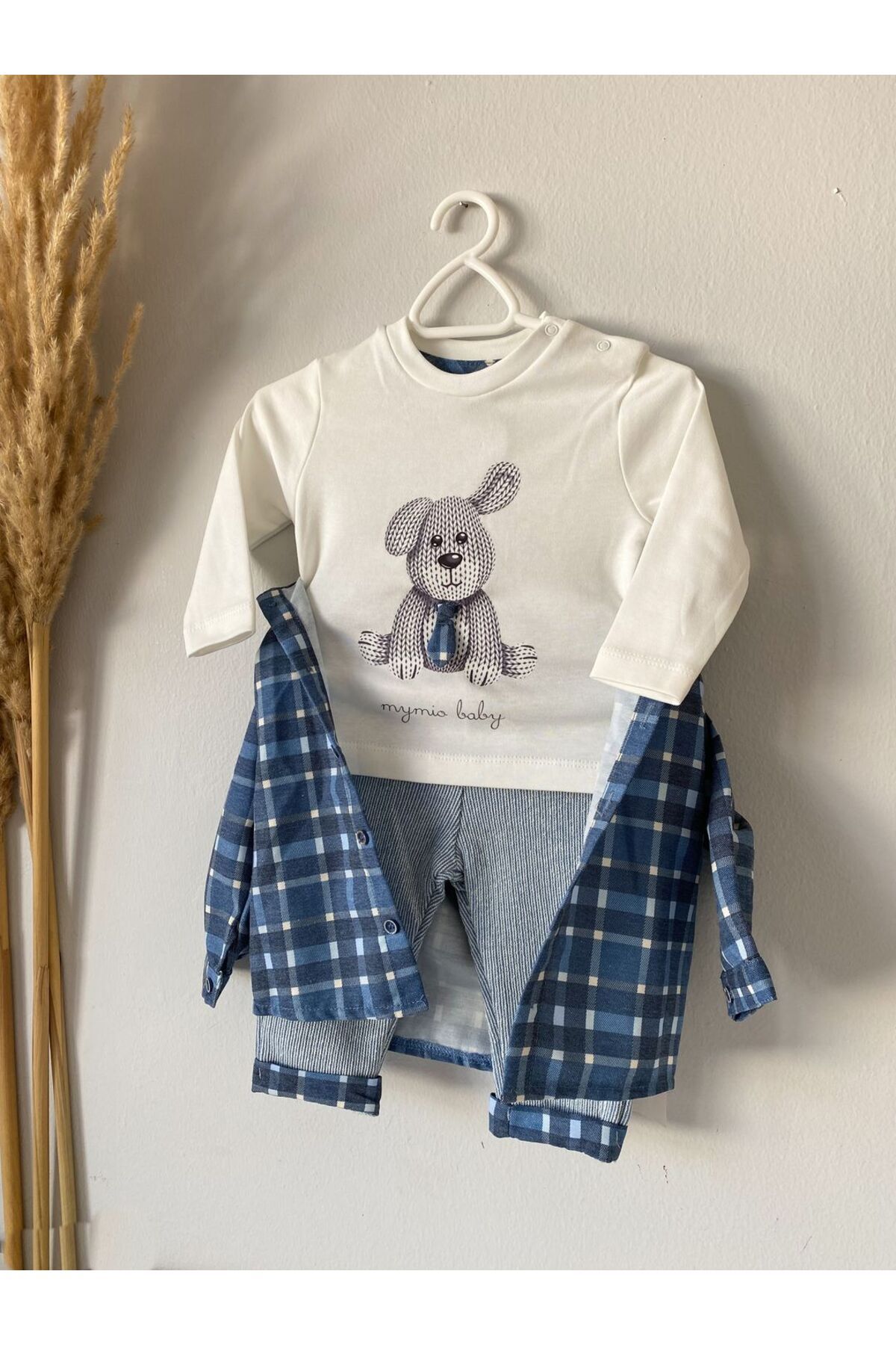 Mymio Mavi Ekoseli Gömlekli Bluz Pantolon Erkek Bebek Takım 3lü