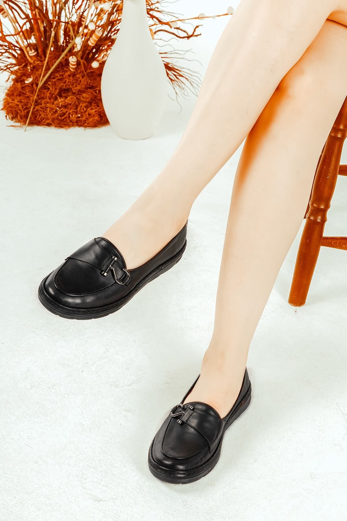 Cooliza Hakiki Deri Toka Detaylı Günlük Rahat Kadın Babet Casual Ayakkabı Siyah