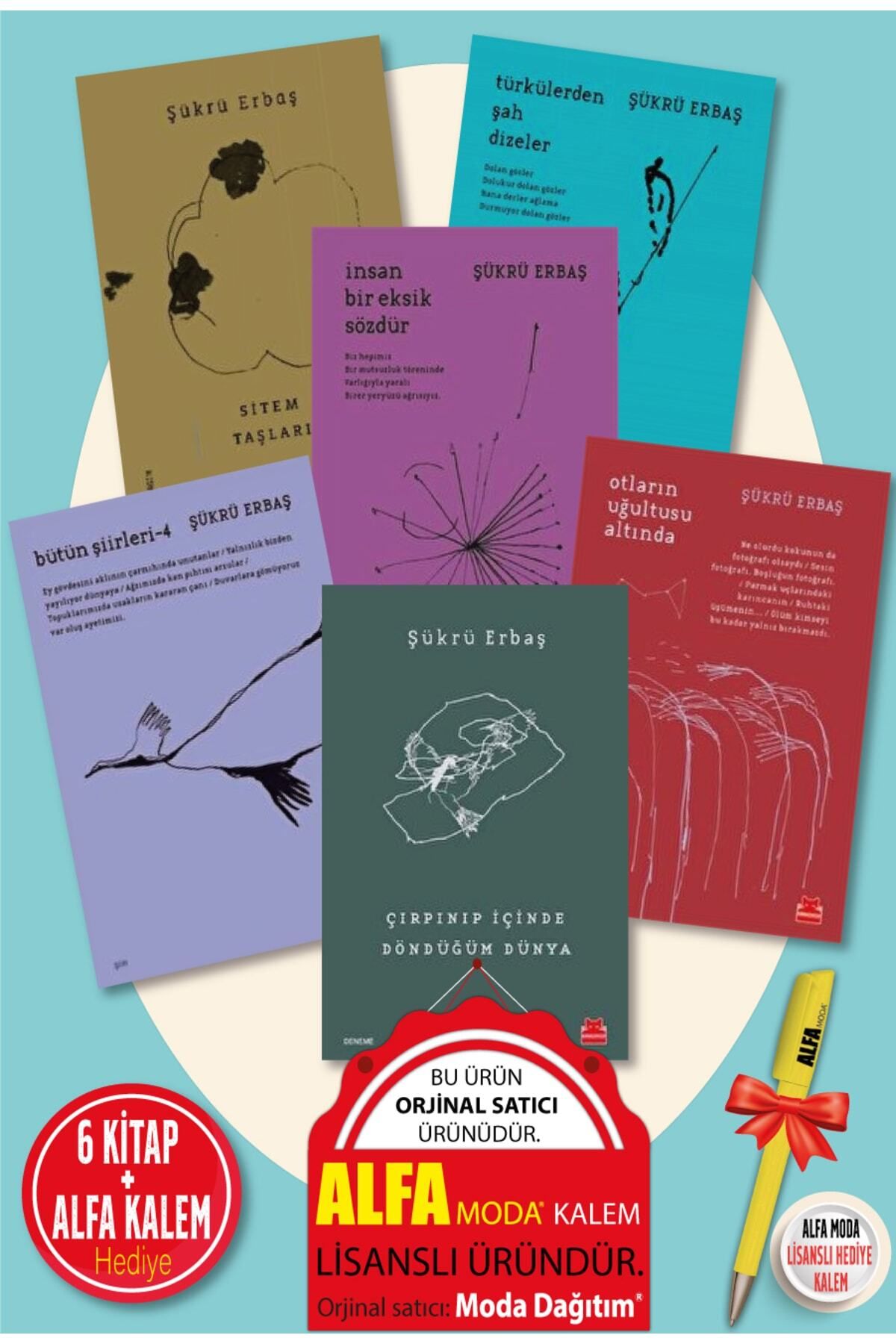 Kırmızı Kedi Yayınları Şükrü Erbaş 6 Kitap Set (Sitem Taşları, Bütün Şiirleri, Türkülerden Şah Dizeler) + Alfa Moda Kalem