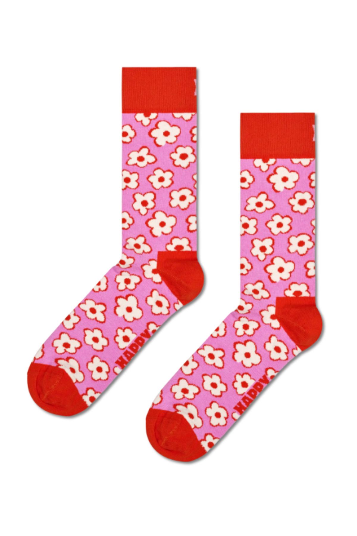 Happy Socks İthal Özel Seri Unisex Happy Socks Pink Flowers Renkli Soket Çorap