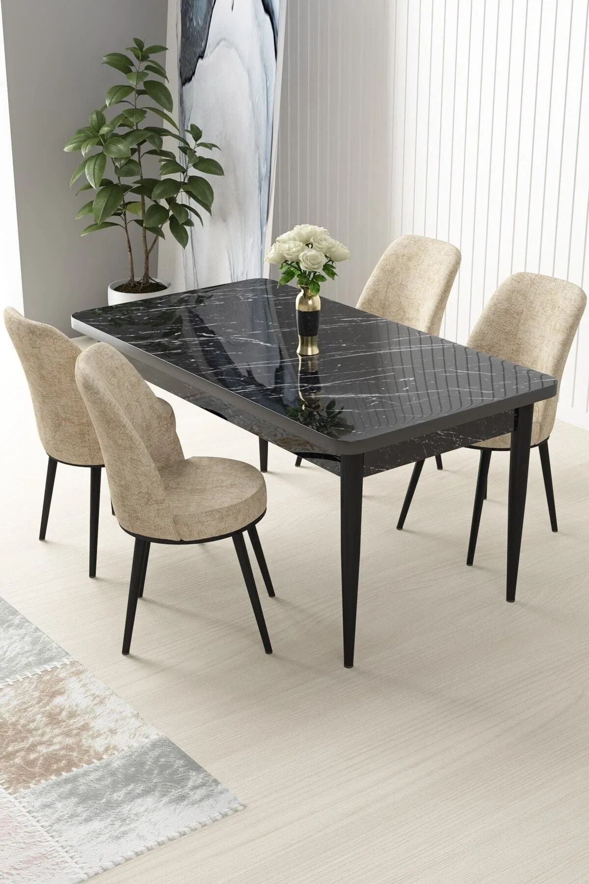 Canisa Concept Nil Serisi Siyah Mermer Desenli Sabit Yemek Masası&mutfak Masası +4 Krem Sandalye