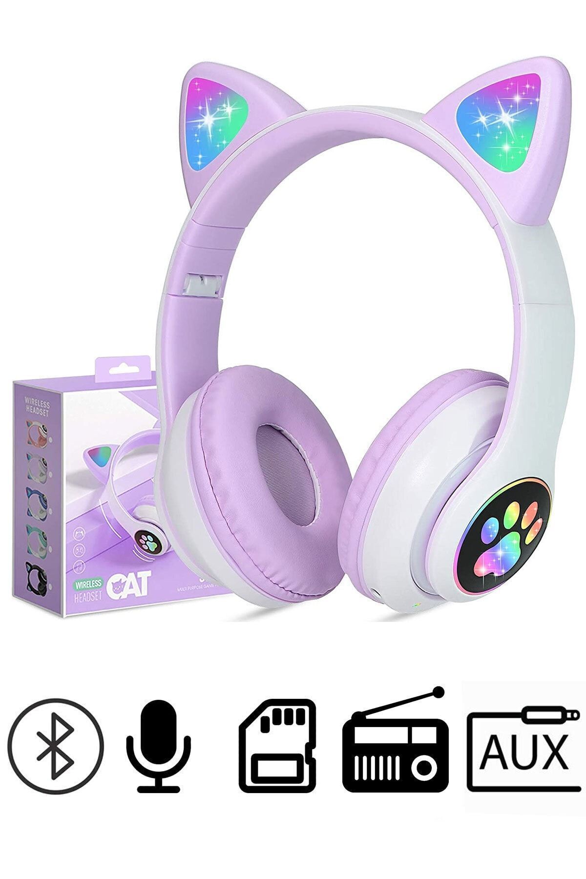 Fibaks SD Kart Girişli Radyolu Bluetooth 5.0 Kafa Üstü Kulaklık Akıllı RGB Led Işıklı Kedi Kulaklık STN28