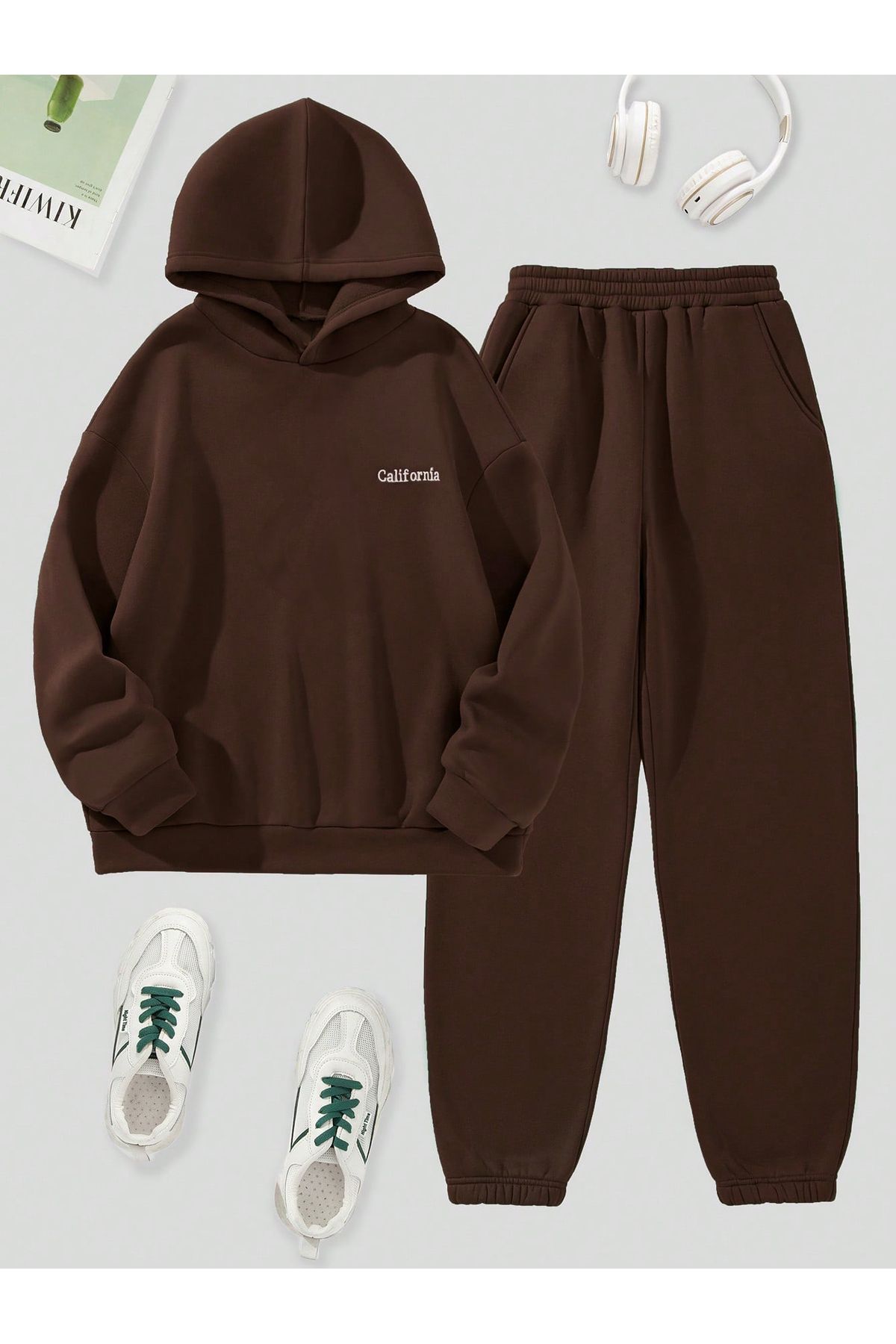 CLAYES California Yazılı Eşofman Takımı Sweatshirt Jogger - Kahverengi Baskılı Oversize Şardonlu Kapüşonlu