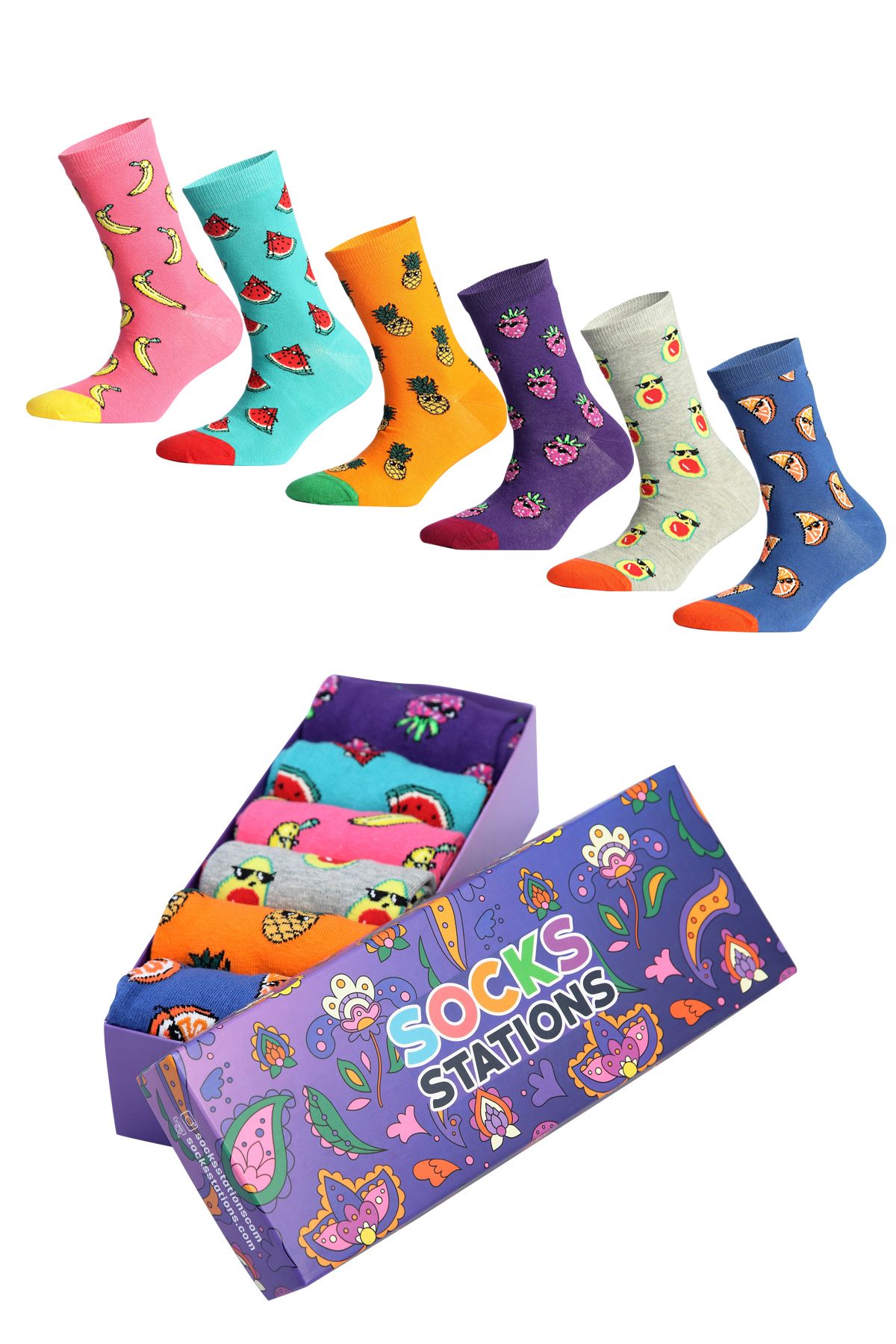 Socks Stations 6'lı Meyve Desenli Renkli Çorap Kutusu