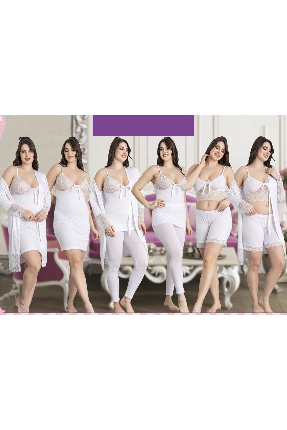 JENİKA Beyaz Dantel Detaylı Büstiyerli Sabahlıklı 6 Lı Askılı Penye Pijama Takımı