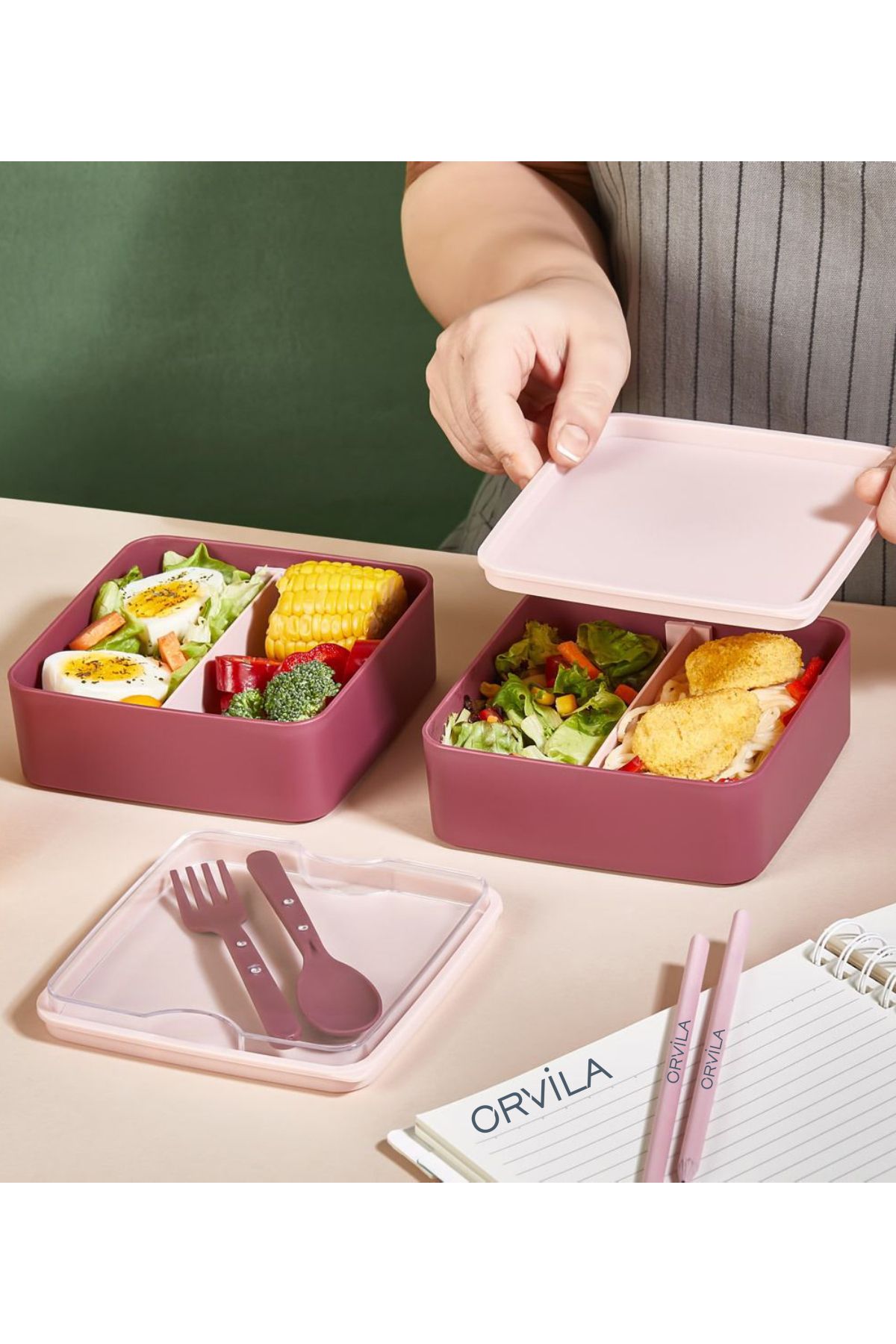 Orvila 2 Katlı Kare Lunchbox Yemek Saklama Kabı Beslenme Kutusu Seti-sporcu Öğrenci Fitness Okul Işyeri