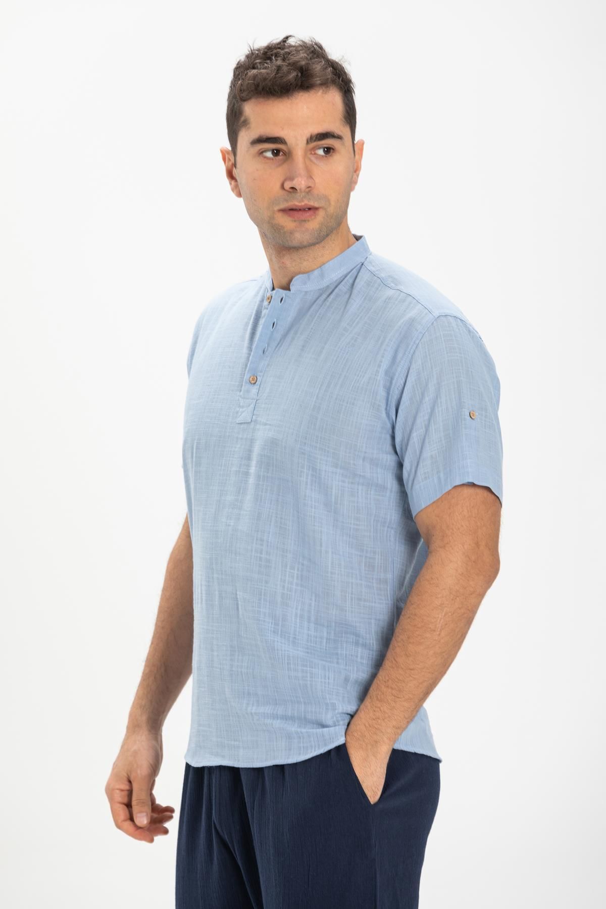 Eliş Şile Bezi Kısa Kol Şile Bezi Bodrum Erkek T-shirt Açık Mavi 3074