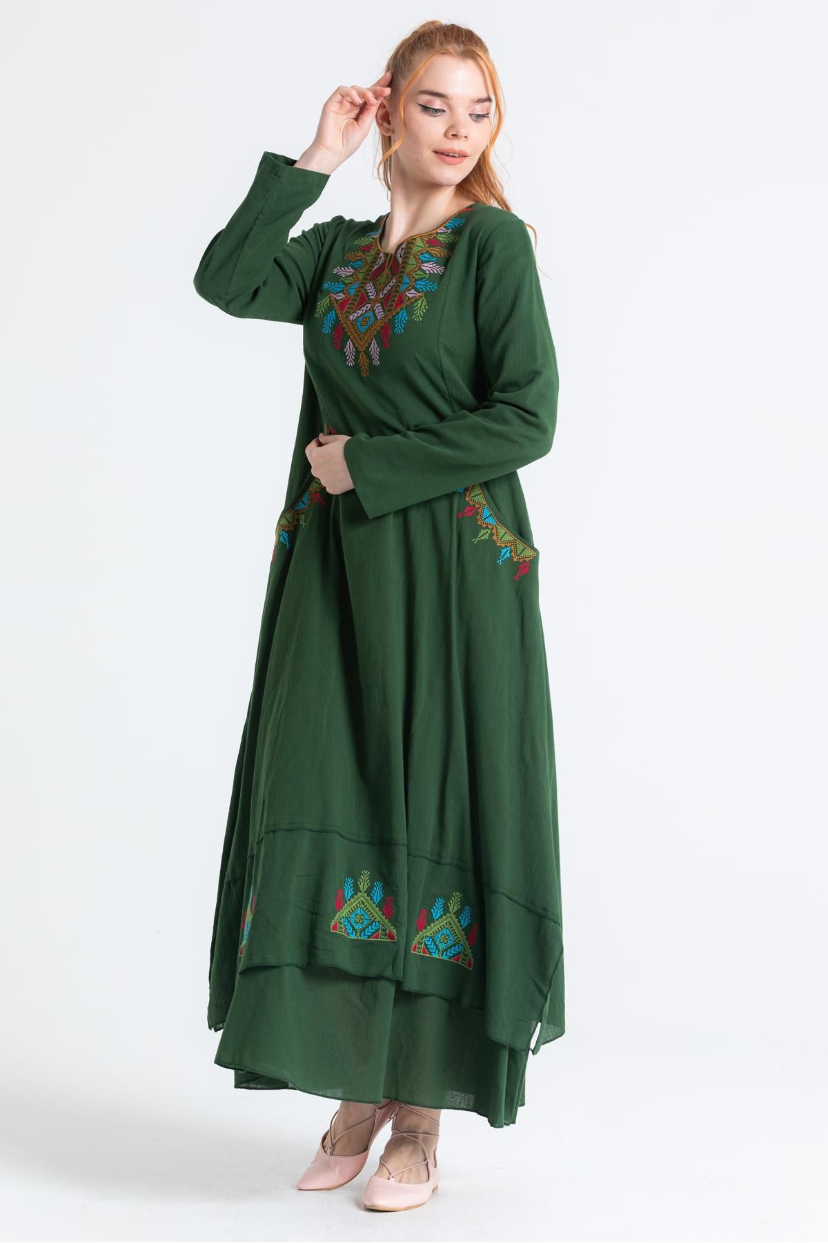 Eliş Şile Bezi Uzun Kol Şile Bezi Nakışlı Antik Uzun Elbise Yeşil Ysl