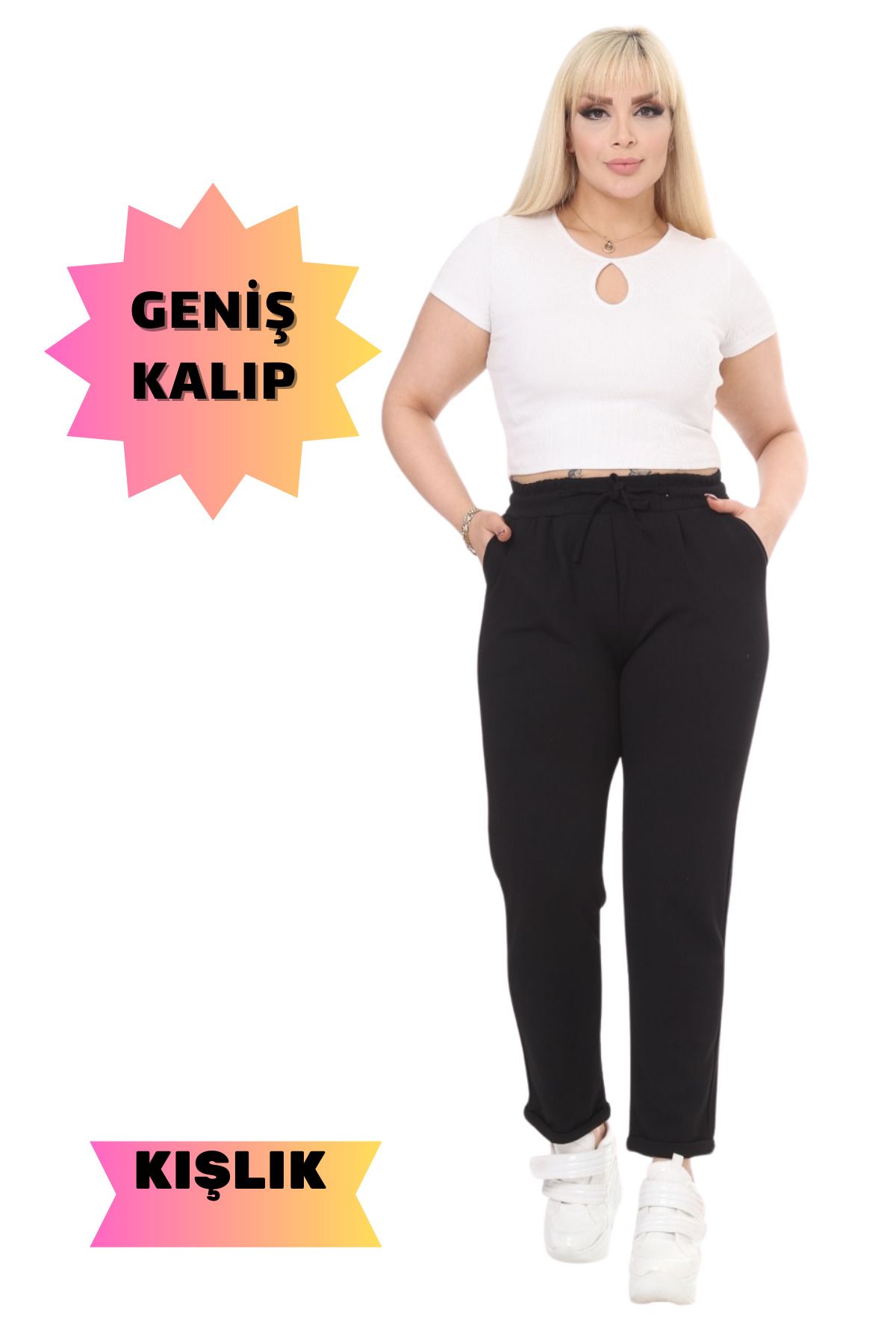 MELSAY Kadın Siyah Orijinal Çelikli İnterlok Pileli Beli Lastikli Cepli Duble Paça Büyük Beden Pantolon
