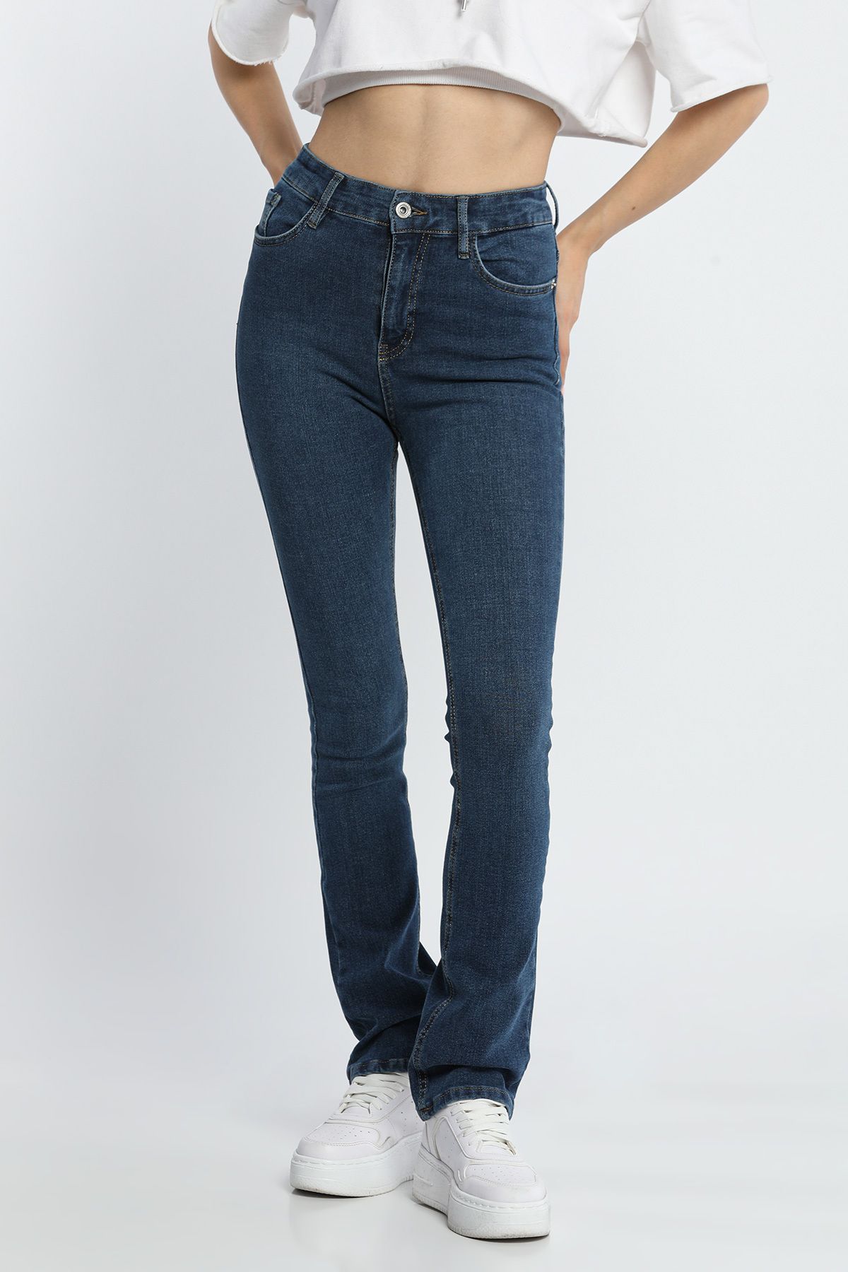 Julude Lacivert Yüksek Bel İspanyol Paça Jean Kot Pantolon Kadın Modası