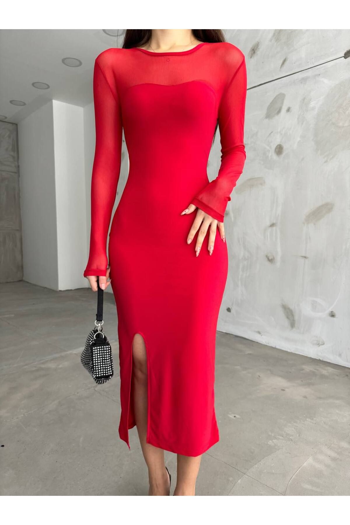 BİKELİFE Kadın Kırmızı Yırtmaç Detaylı Likralı Kalem Elbise