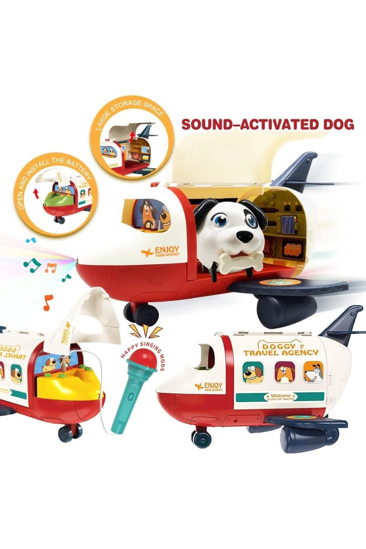 Sole Ses kontrollü İnteraktif Yürüyen Havlayan Sevimli Köpek Gerçek Mikrofon ve Işıklı-Müzikli Uçağı