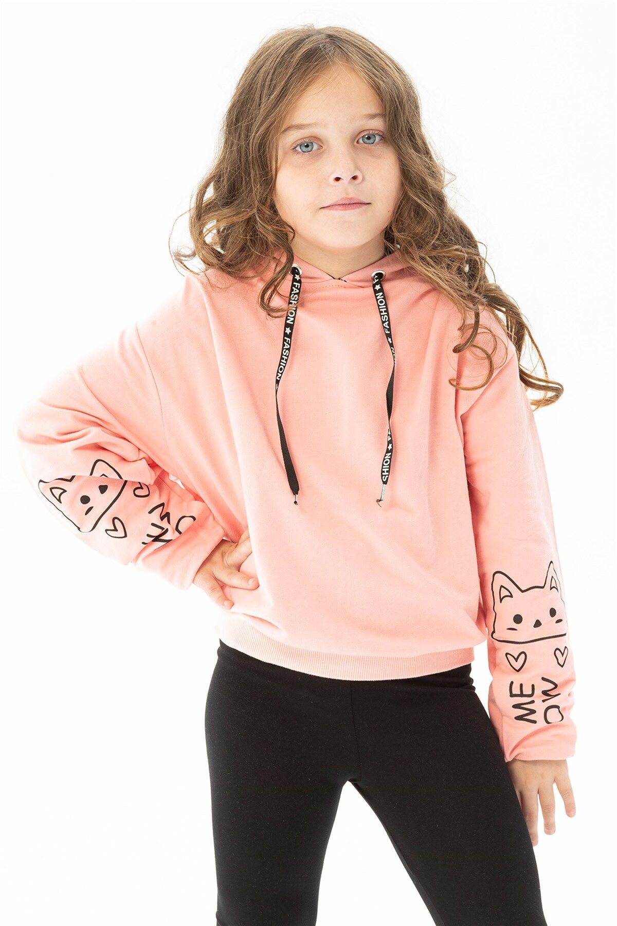 zepkids Kız Çocuk Somon Renkli Kol Detaylı Meow Baskılı Kapüşonlu Sweatshirt