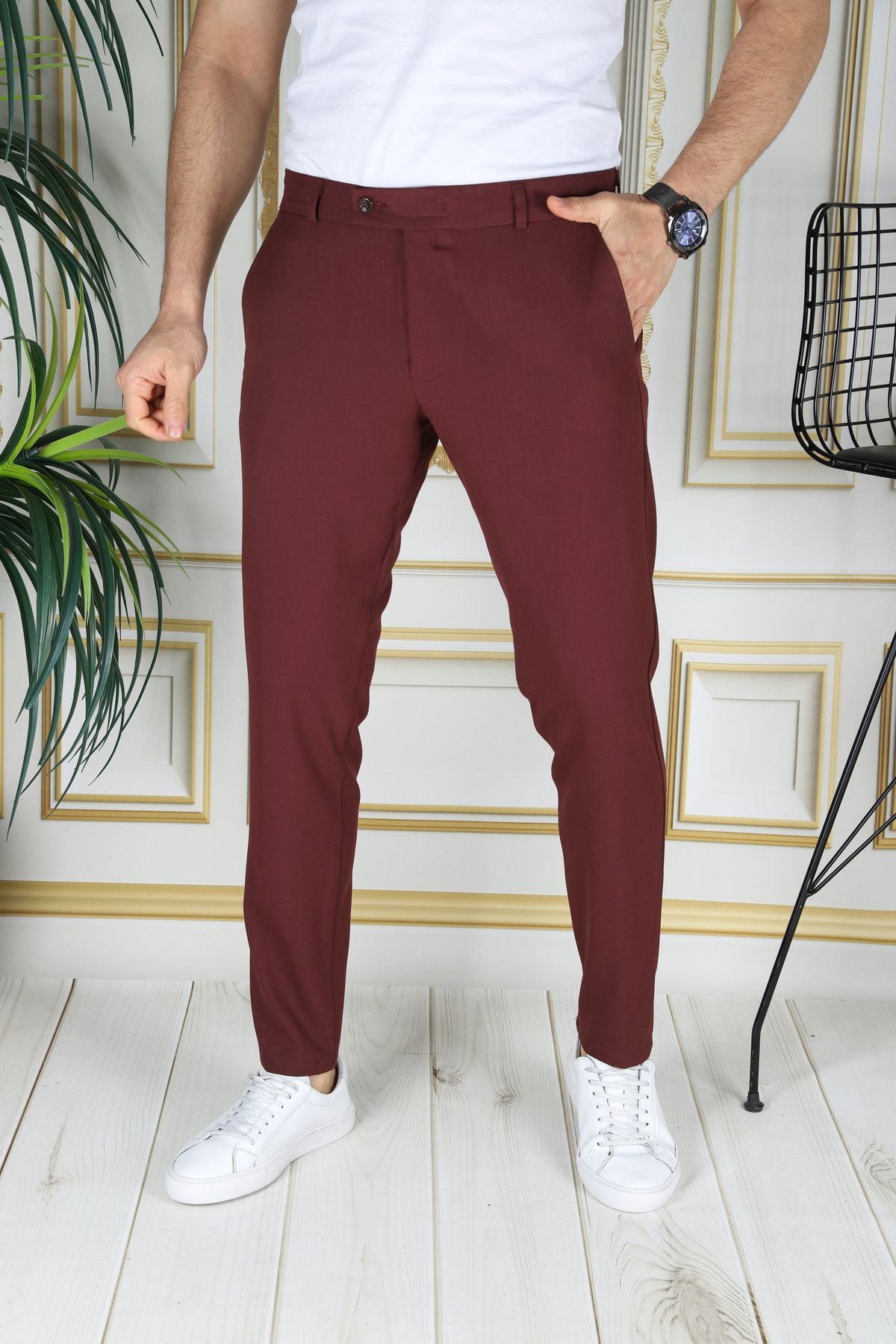 Bürke Erkek Bordo Renk Italyan Kesim Kaliteli Esnek Likralı Kumaş Bilek Boy Pantolon