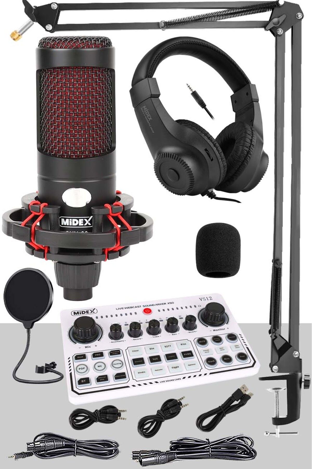 Midex CXN-30 White Power Paket-3 Stüdyo Mikrofon Şarjlı Ses Kartı Kulaklık Stand (Kayıt ve Canlı Yay