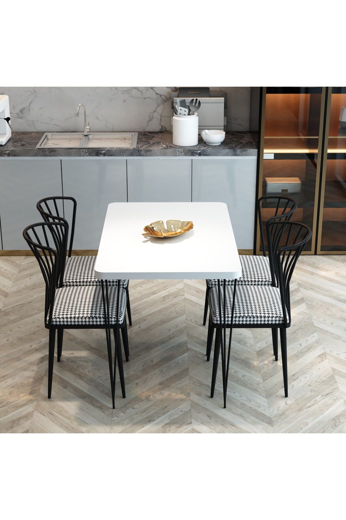 FurnatureDesign Yemek Masası Takımı 70x110 Piramit Ayaklı Yemek Masası + 4 Adet Sandalye - Beyaz