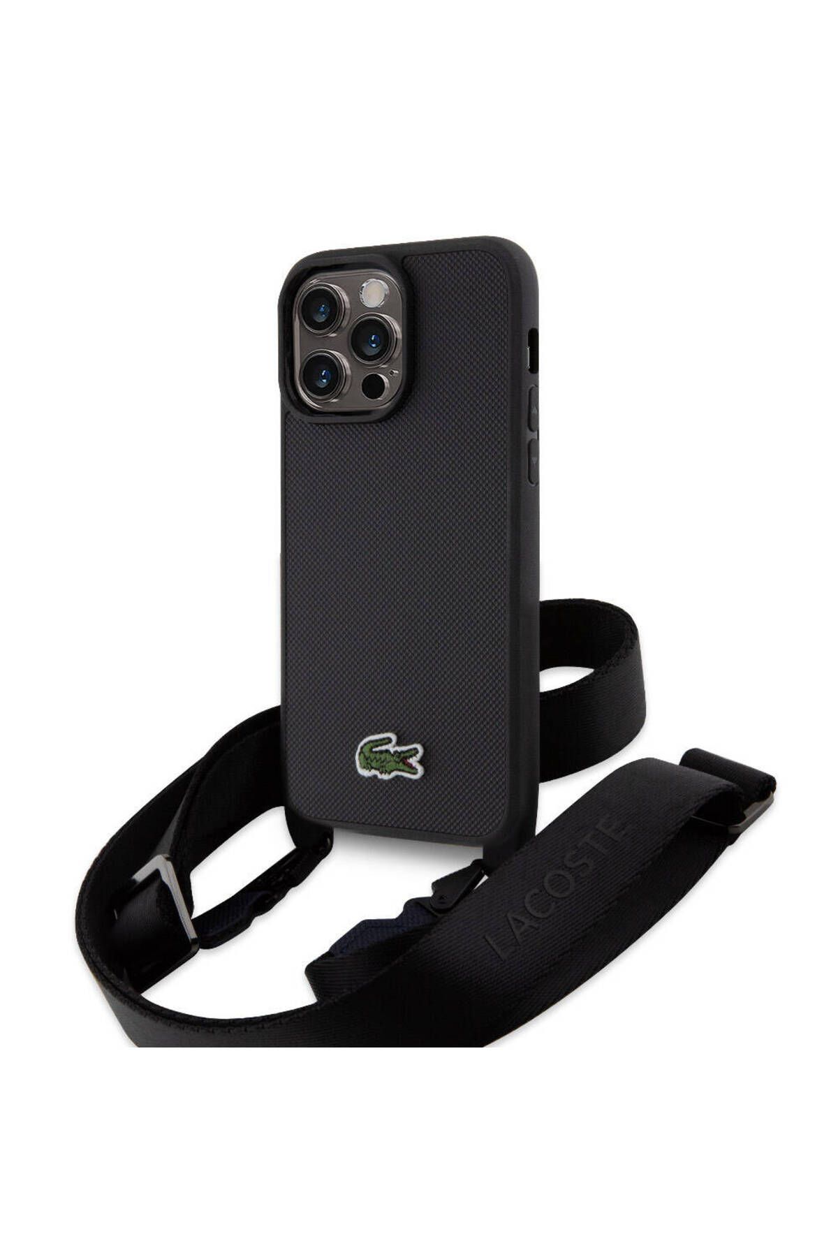 Lacoste iPhone 15 Pro Max Kılıf Lacoste Lisanslı PU Pike Desen Askılı İkonik Timsah Logo Siyah