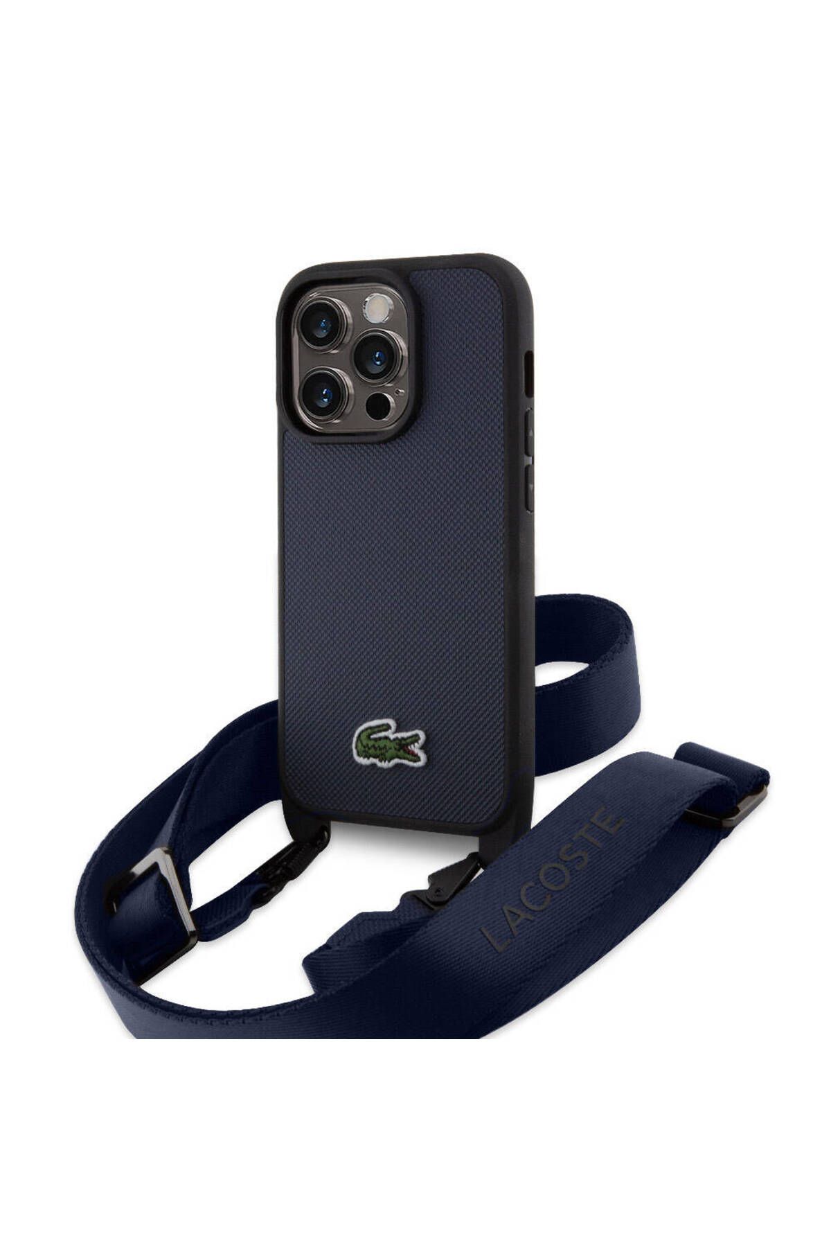 Lacoste iPhone 15 Pro Max Kılıf Lacoste Lisanslı PU Pike Desen Askılı İkonik Timsah Logo Lacivert