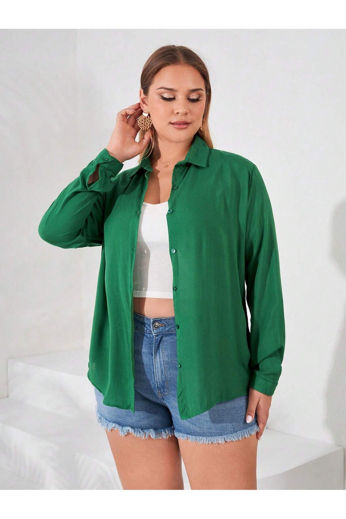 POLO BONETTA Kadın Yeşil Büyük Beden Basic Geniş Kalıp Dokuma Viskon Kumaş Gömlek Bluz