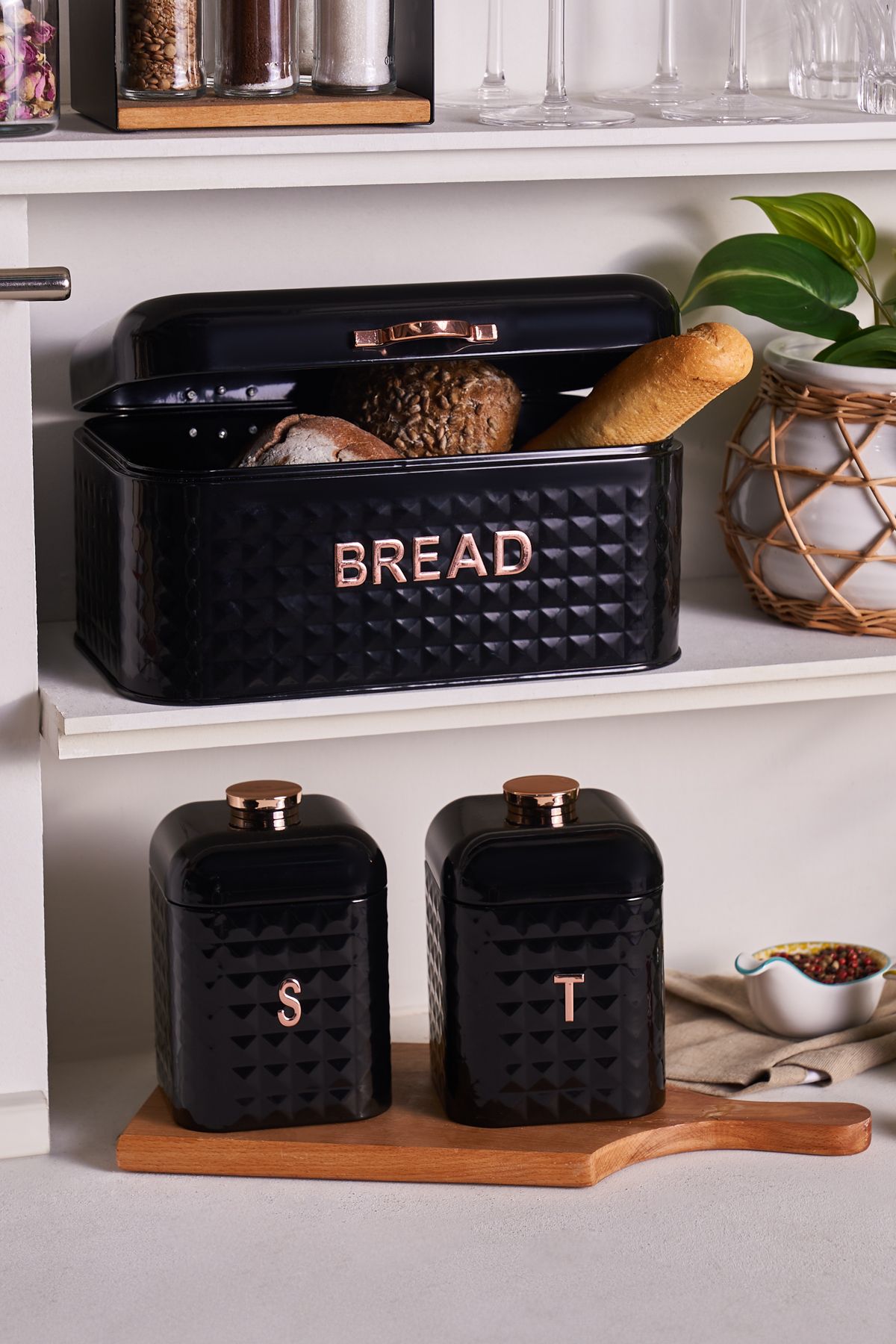 Karaca Elmas Karbon Çelik Ekmek Kutusu Saklama Kabı Hediyeli Siyah