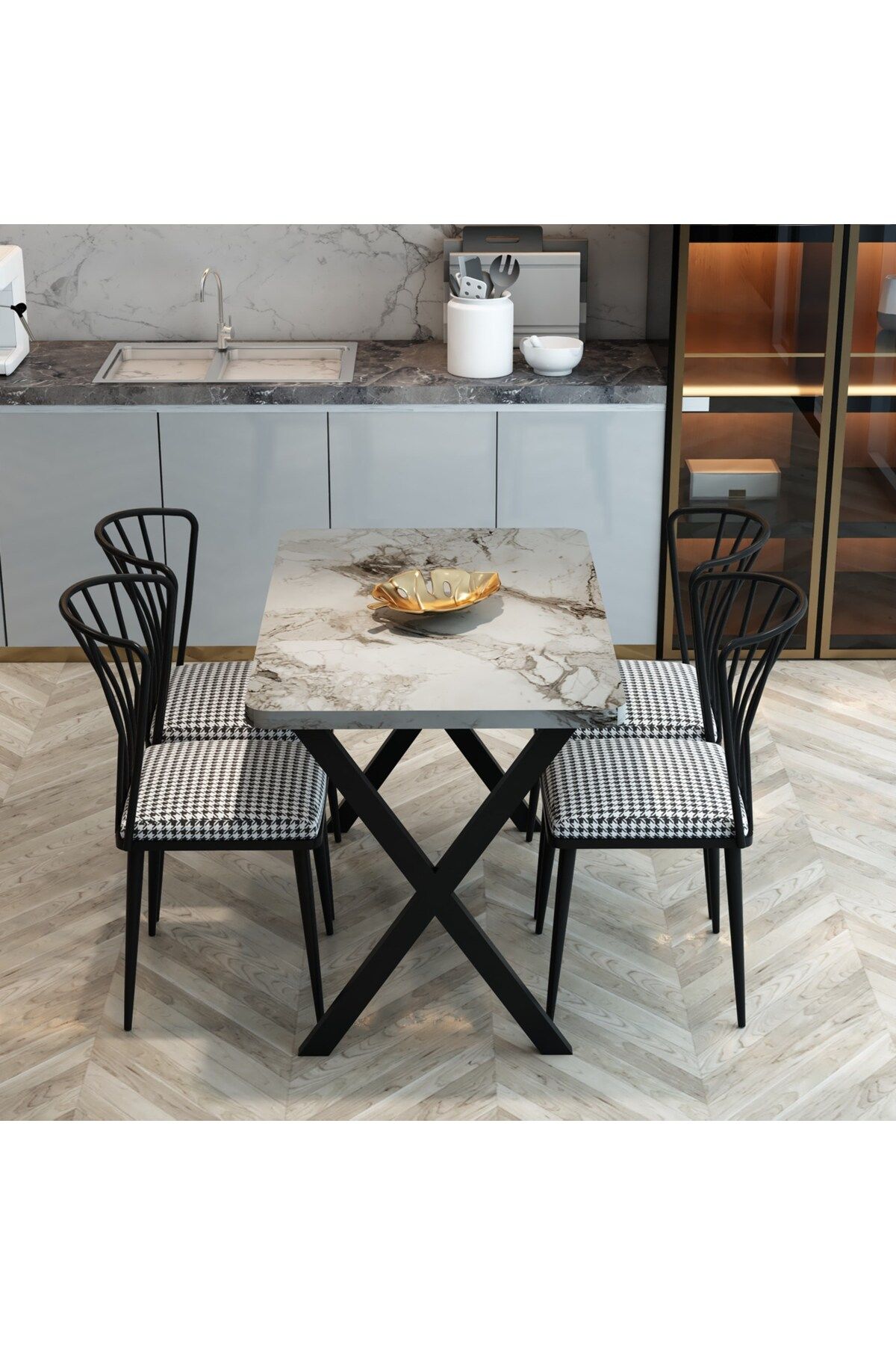 FurnatureDesign Yemek Masası Takımı X Ayaklı Yemek Masası 70x110 + 4 Adet Sandalye - Efes