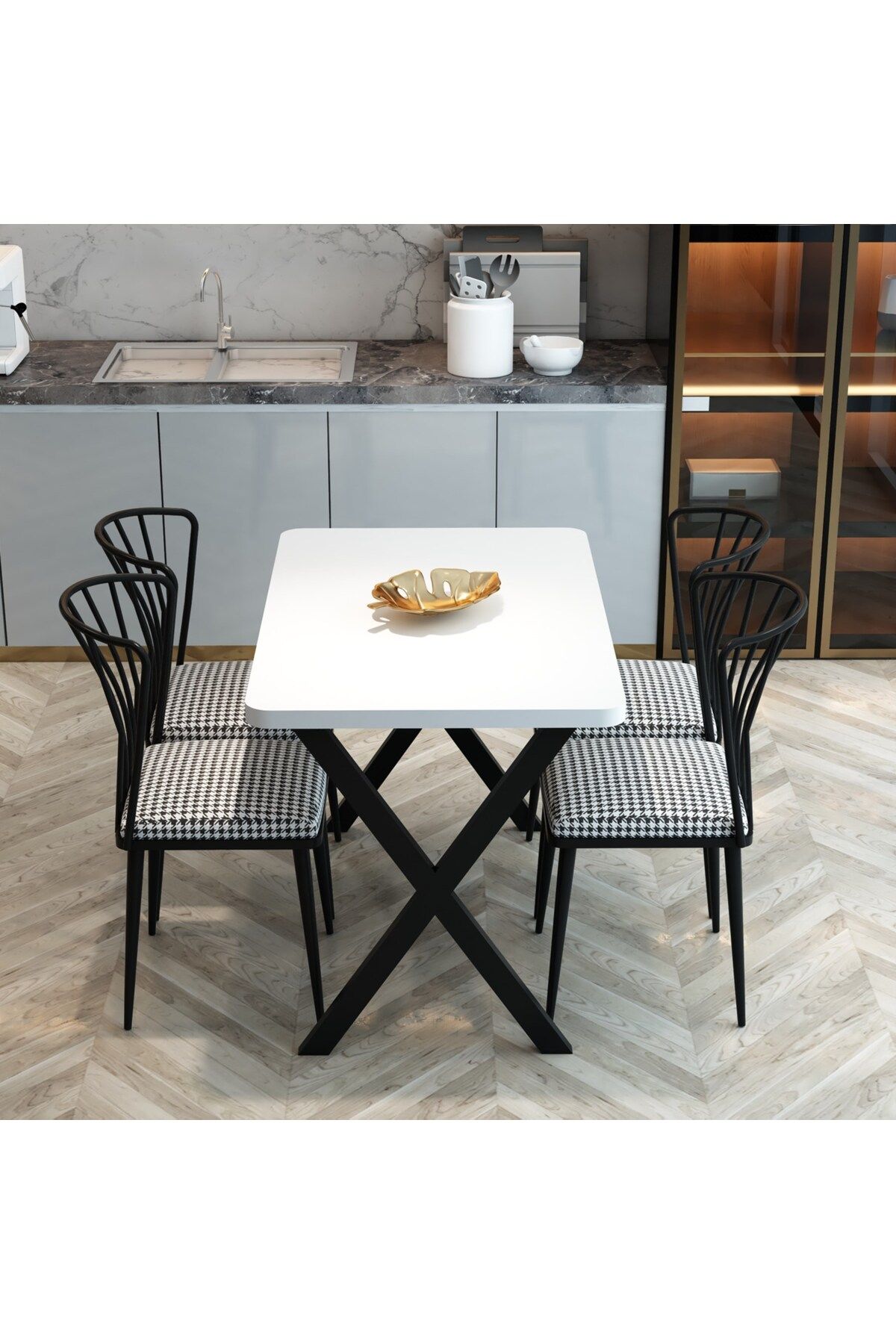 FurnatureDesign Yemek Masası Takımı X Ayaklı Yemek Masası 70x110 + 4 Adet Sandalye - Beyaz