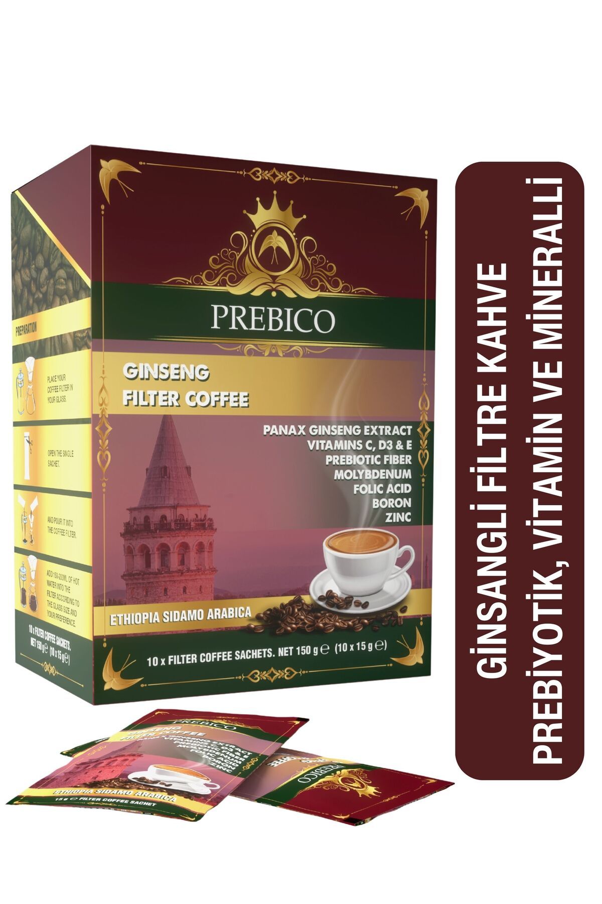 Prebico Prebiyotik, Ginseng, Hindiba, Detoks, Vitamin Ve Mineral Içerikli Filtre Kahvesi 150 gr