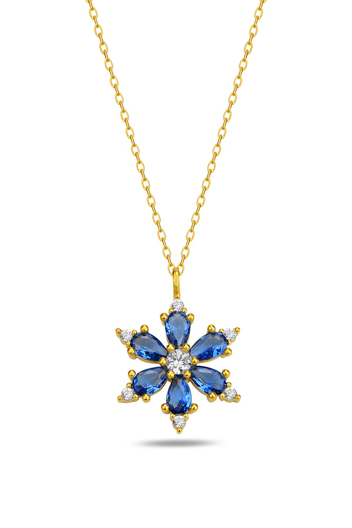 KAR DİAMOND 925 Ayar Gümüş Zincirli Altın Kaplama Mavi Damla Taşlı Kamelya Lotus Çiçeği Kolye - Sertifikalı