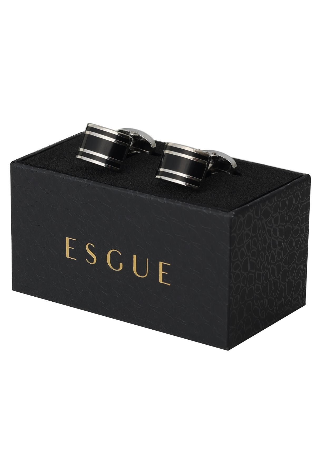 Esgue Siyah Gümüş Renk Dikdörtgen Luxery Kol Düğmesi