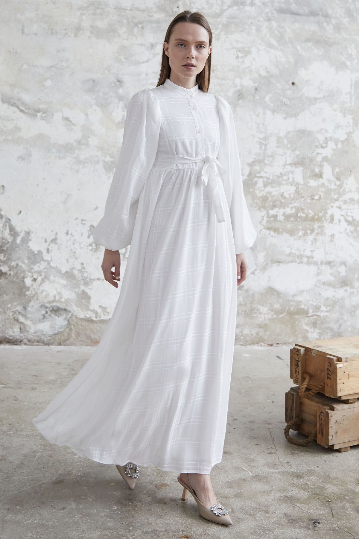 InStyle Kendinden Kuşaklı Desenli Elbise - Beyaz